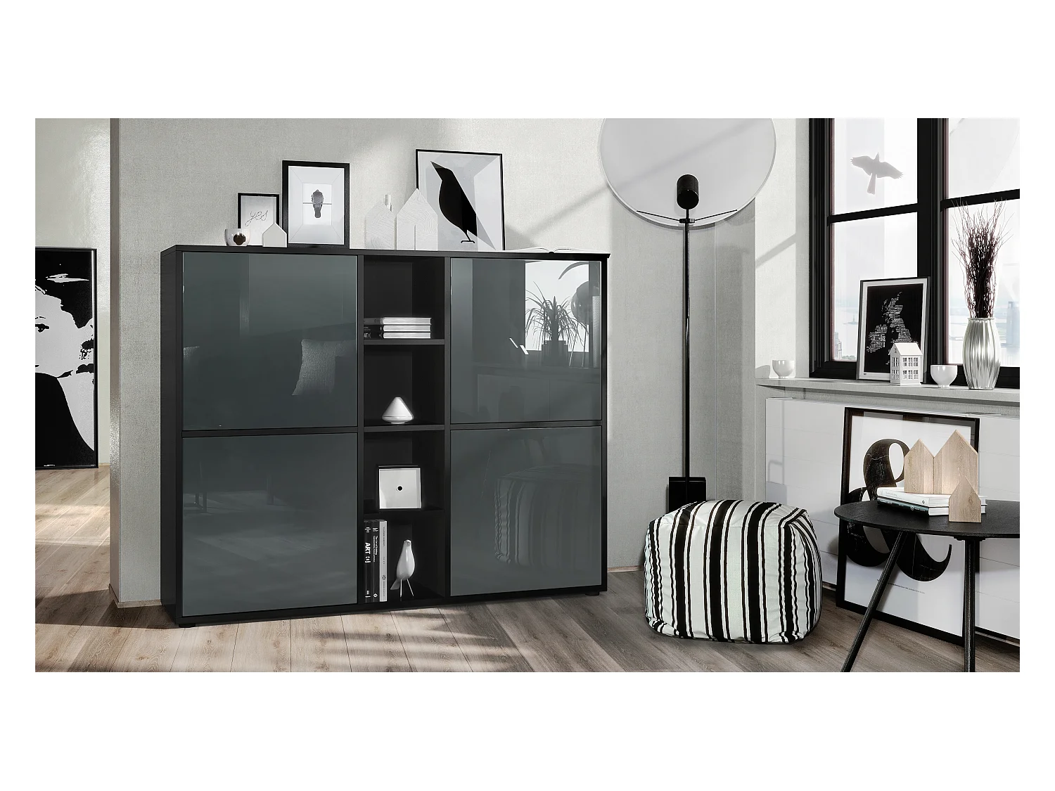 Highboard Cuba V3, noir mat/gris haute brillance - Buffet moderne à 12 compartiments (130,5 x 105,5 x 35,5 cm)