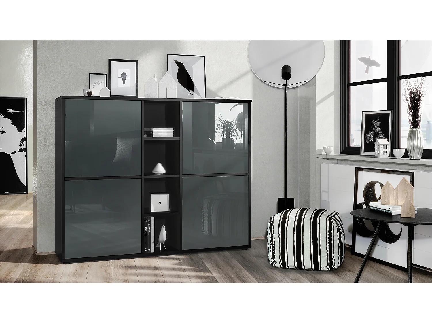 Vladon Credenza Cuba V3, nero opaco/grigio lucido - Credenza moderna con 12 scomparti (130,5 x 105,5 x 35,5 cm)