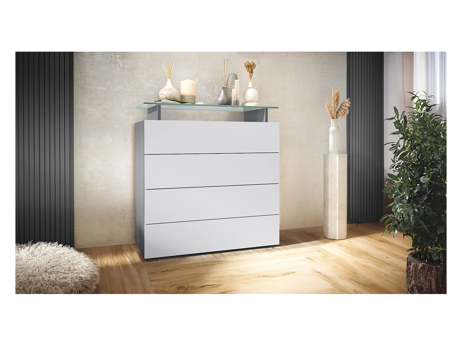 Buffet Pavos V2, Commode avec 4 tiroirs et mini-étagère en verre, anthracite mat/blanc mat (76 x 81 x 35 cm)