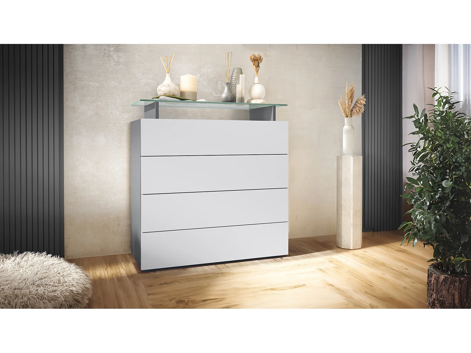 Buffet Pavos V2, Commode avec 4 tiroirs et mini-étagère en verre, anthracite mat/blanc mat (76 x 81 x 35 cm)