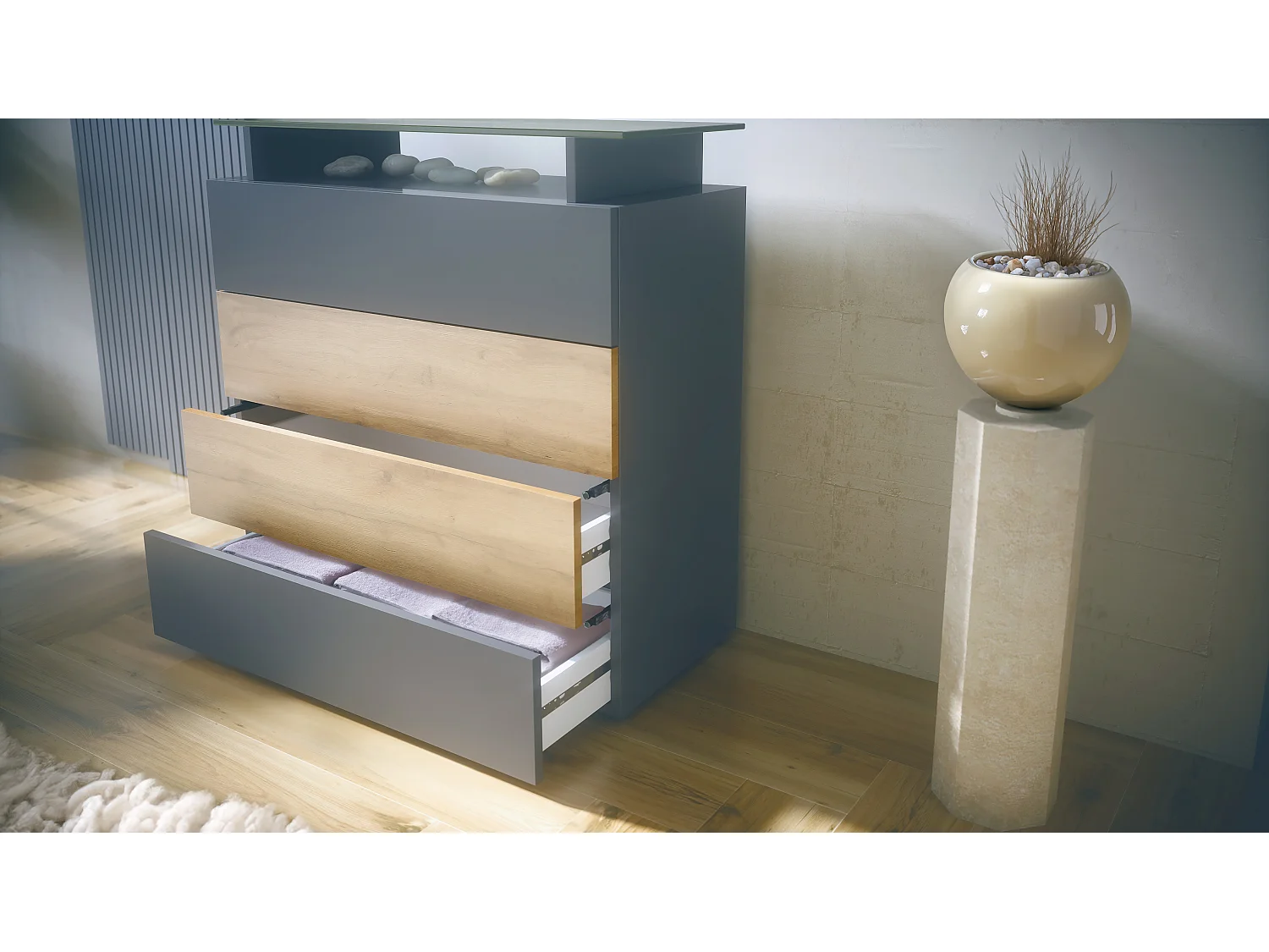 Buffet Pavos V2, Commode avec 4 tiroirs et mini-étagère en verre, anthracite mat/blanc mat (76 x 81 x 35 cm)