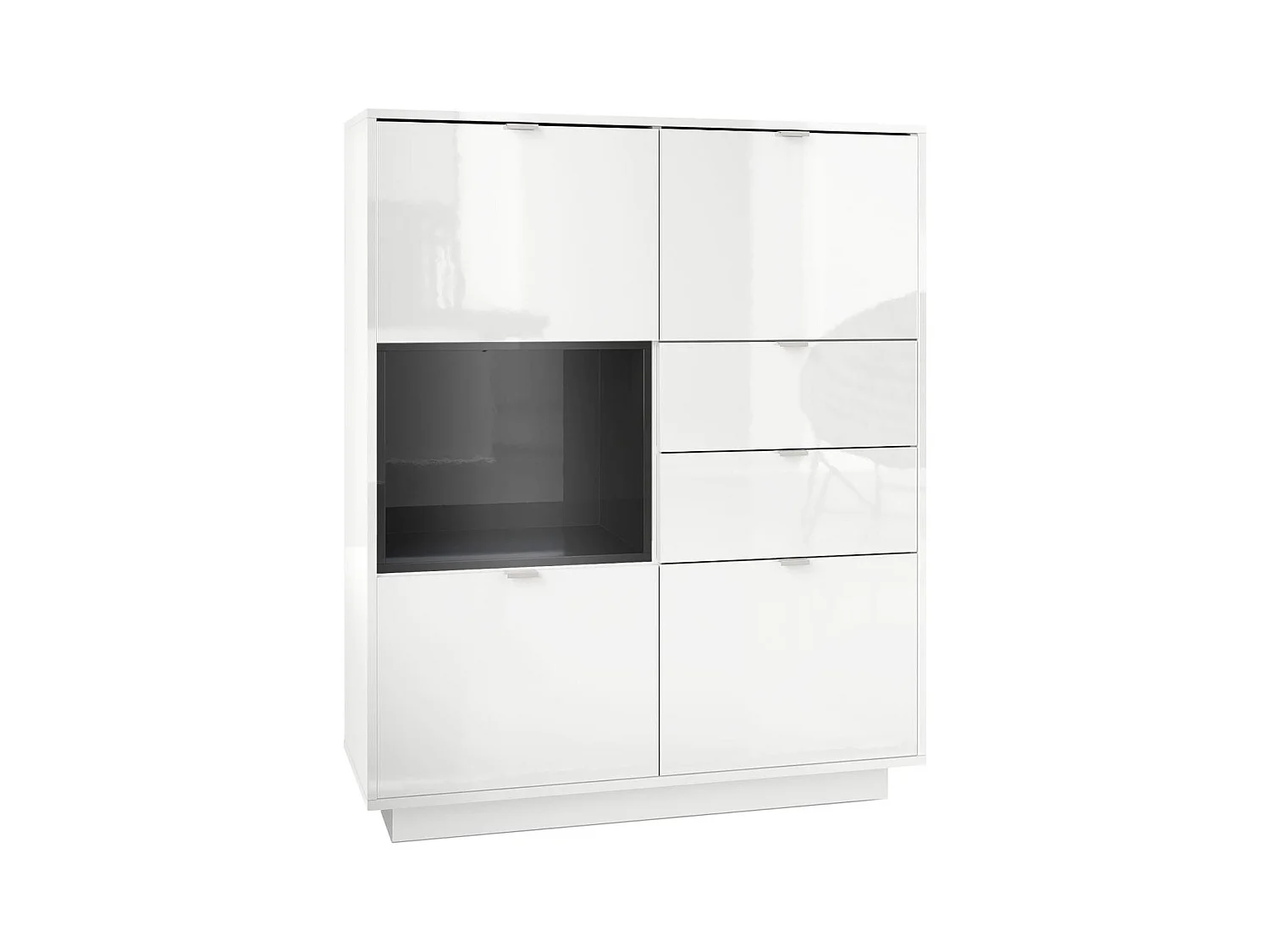 Buffet haut Armoire Metro, Corps en Blanc haute brillance / Façades en Blanc haute brillance avec une insertion en Noir haute brillance