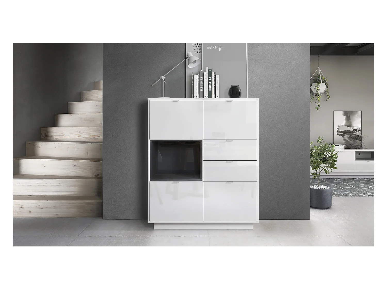 Buffet haut Armoire Metro, Corps en Blanc haute brillance / Façades en Blanc haute brillance avec une insertion en Noir haute brillance