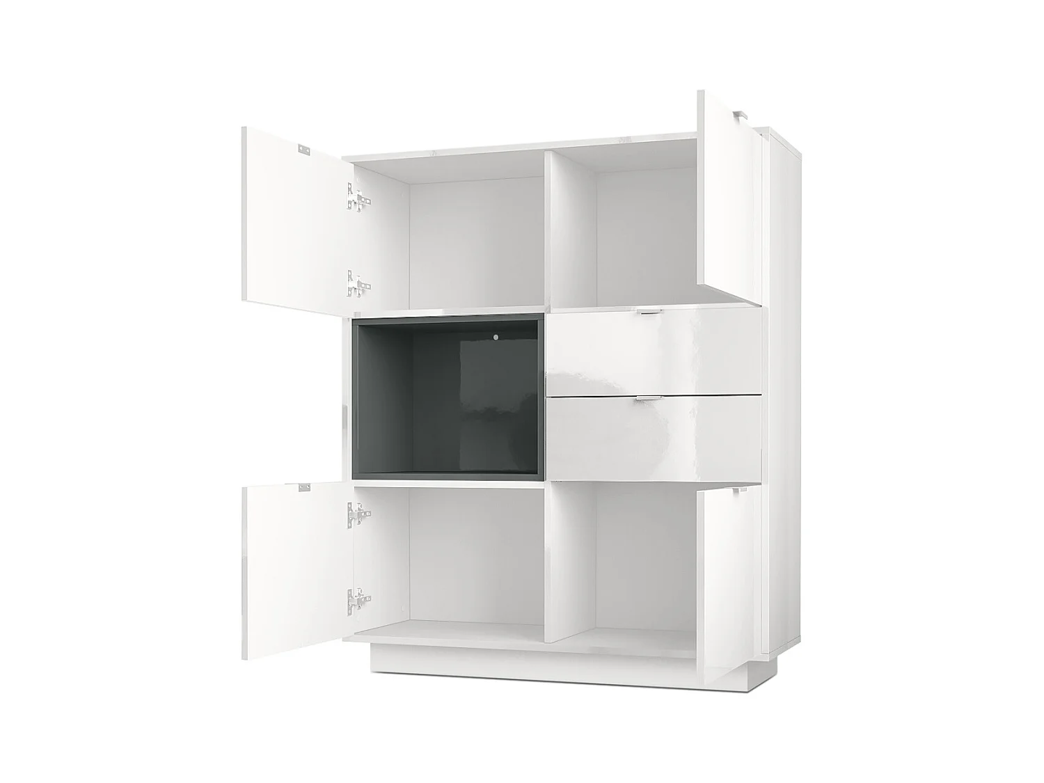 Buffet haut Armoire Metro, Corps en Blanc haute brillance / Façades en Blanc haute brillance avec une insertion en Noir haute brillance