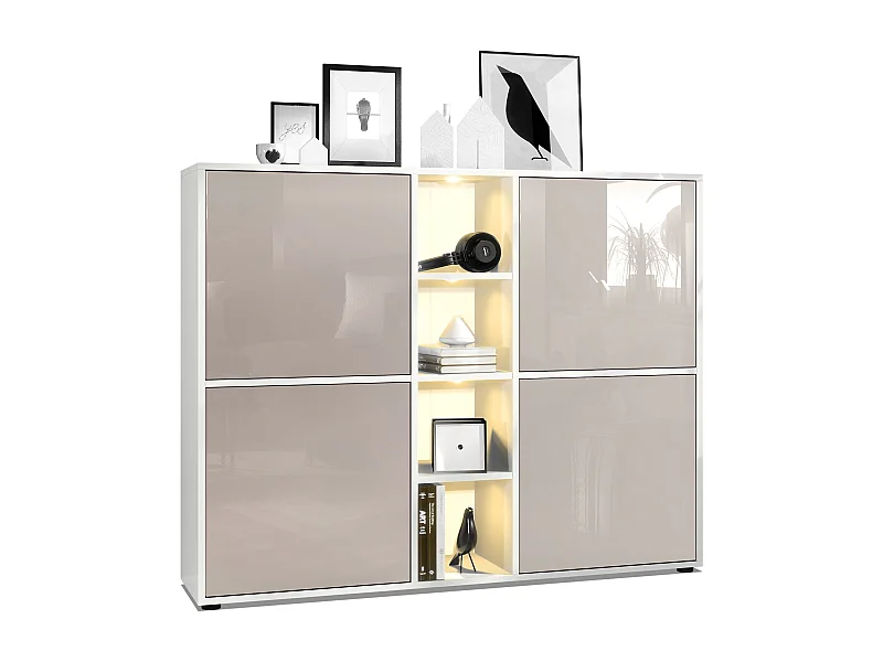 Vladon Credenza Cuba V3, bianco opaco/grigio sabbia lucido incl. LED - Credenza moderna con 12 scomparti (130,5 x 105,5 x 35,5 cm)