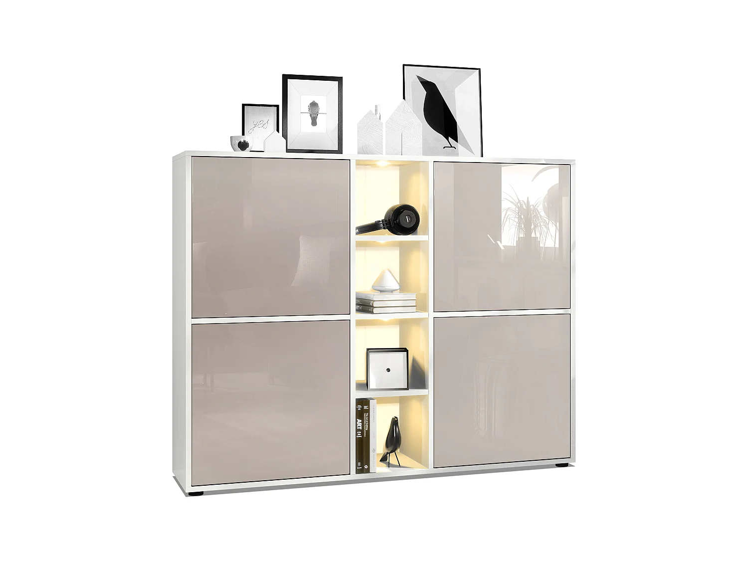 Highboard Cuba V3, blanc mat/gris sable haute brillance y compris LED - Buffet moderne à 12 compartiments (130,5 x 105,5 x 35,5 cm)