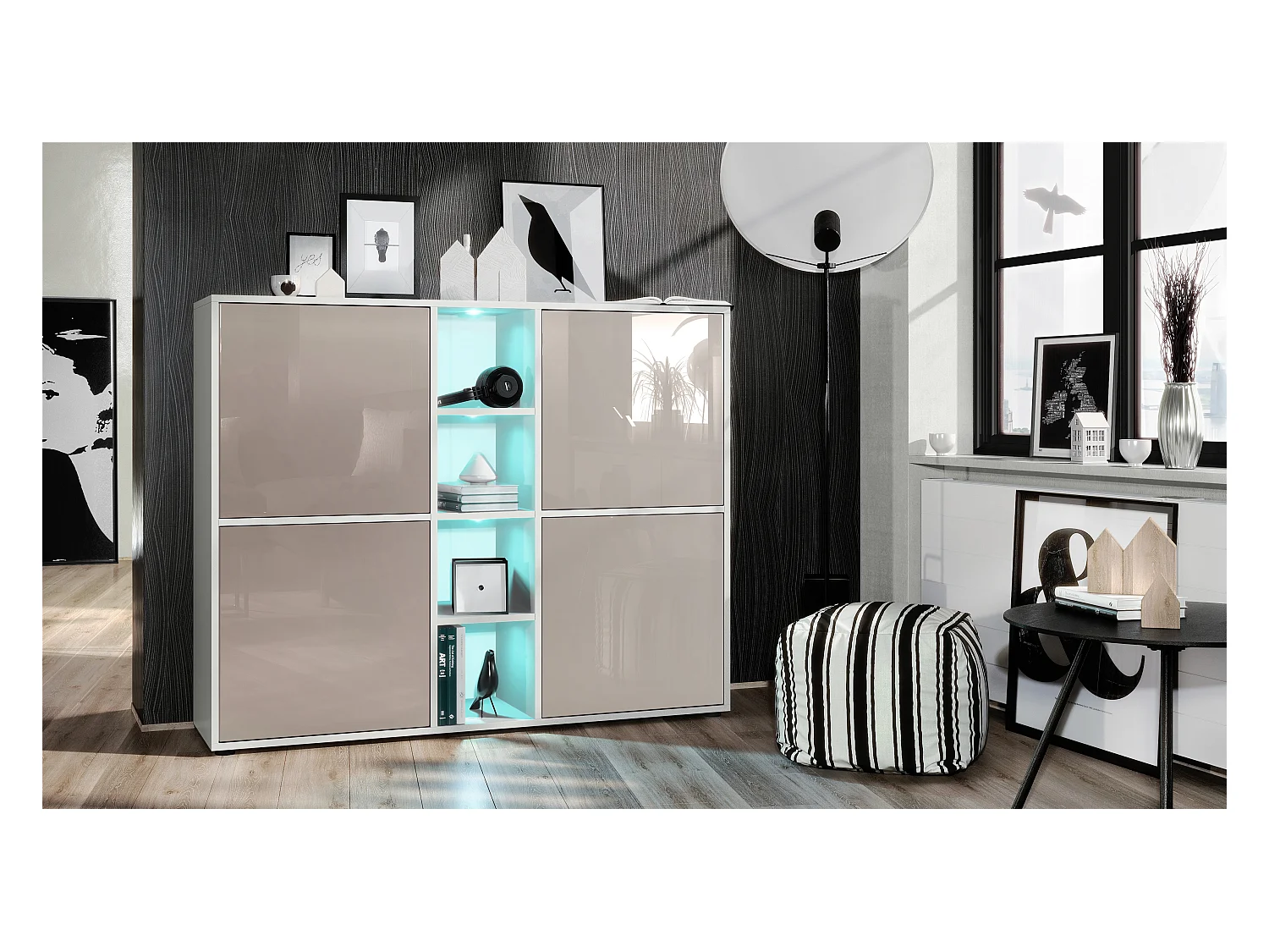 Highboard Cuba V3, blanc mat/gris sable haute brillance y compris LED - Buffet moderne à 12 compartiments (130,5 x 105,5 x 35,5 cm)