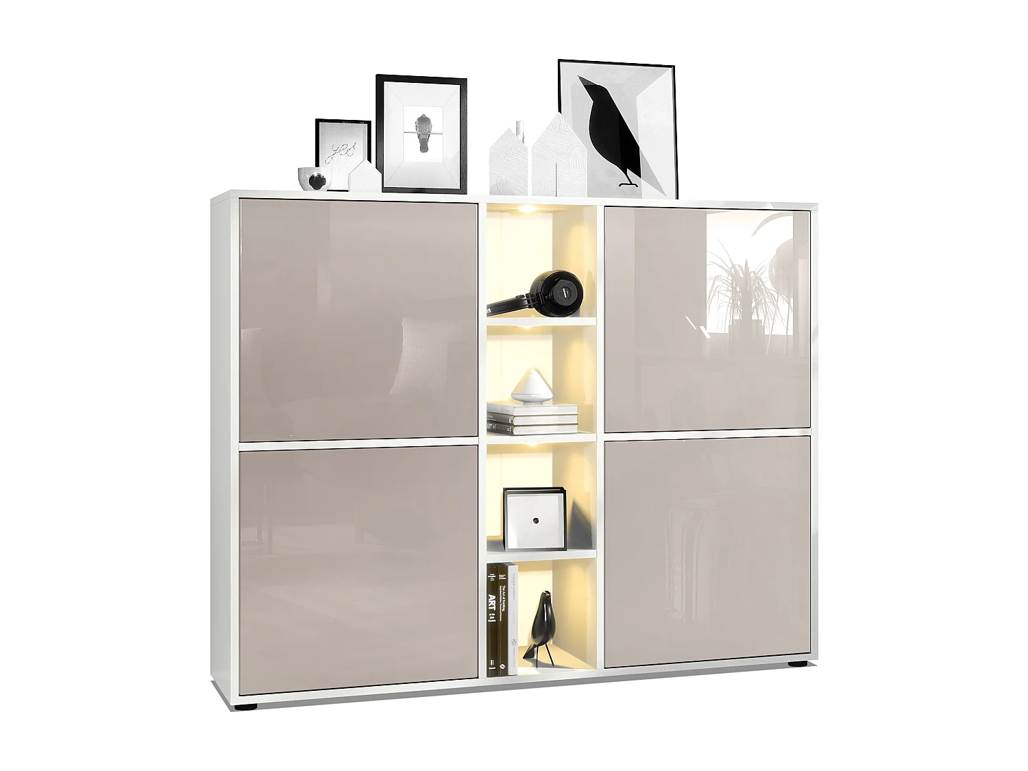 Vladon Credenza Cuba V3, bianco opaco/grigio sabbia lucido incl. LED - Credenza moderna con 12 scomparti (130,5 x 105,5 x 35,5 cm)