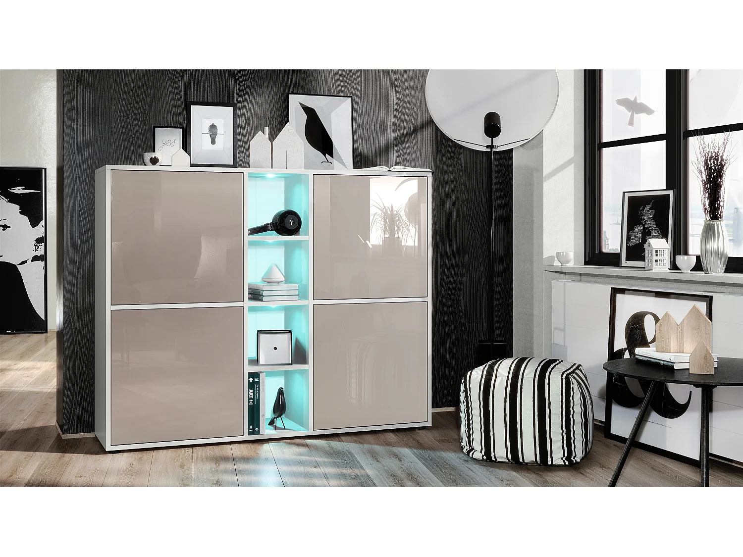 Vladon Credenza Cuba V3, bianco opaco/grigio sabbia lucido incl. LED - Credenza moderna con 12 scomparti (130,5 x 105,5 x 35,5 cm)