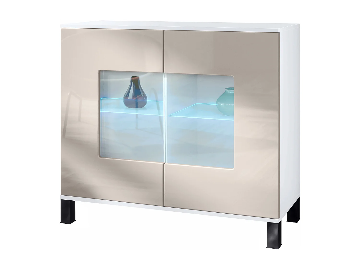 Commode Grömitz V3, Armoire de cuisine moderne avec 2 grandes portes vitrées incl. éclairage RGB blanc mat / gris sable haute brillance (92,5 x 84.5 x 35)