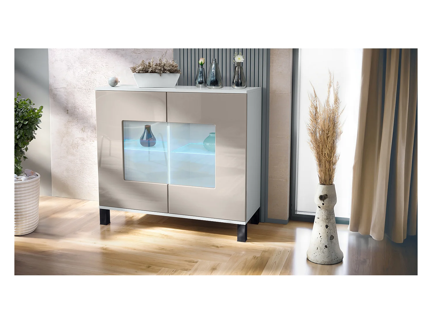 Commode Grömitz V3, Armoire de cuisine moderne avec 2 grandes portes vitrées incl. éclairage RGB blanc mat / gris sable haute brillance (92,5 x 84.5 x 35)