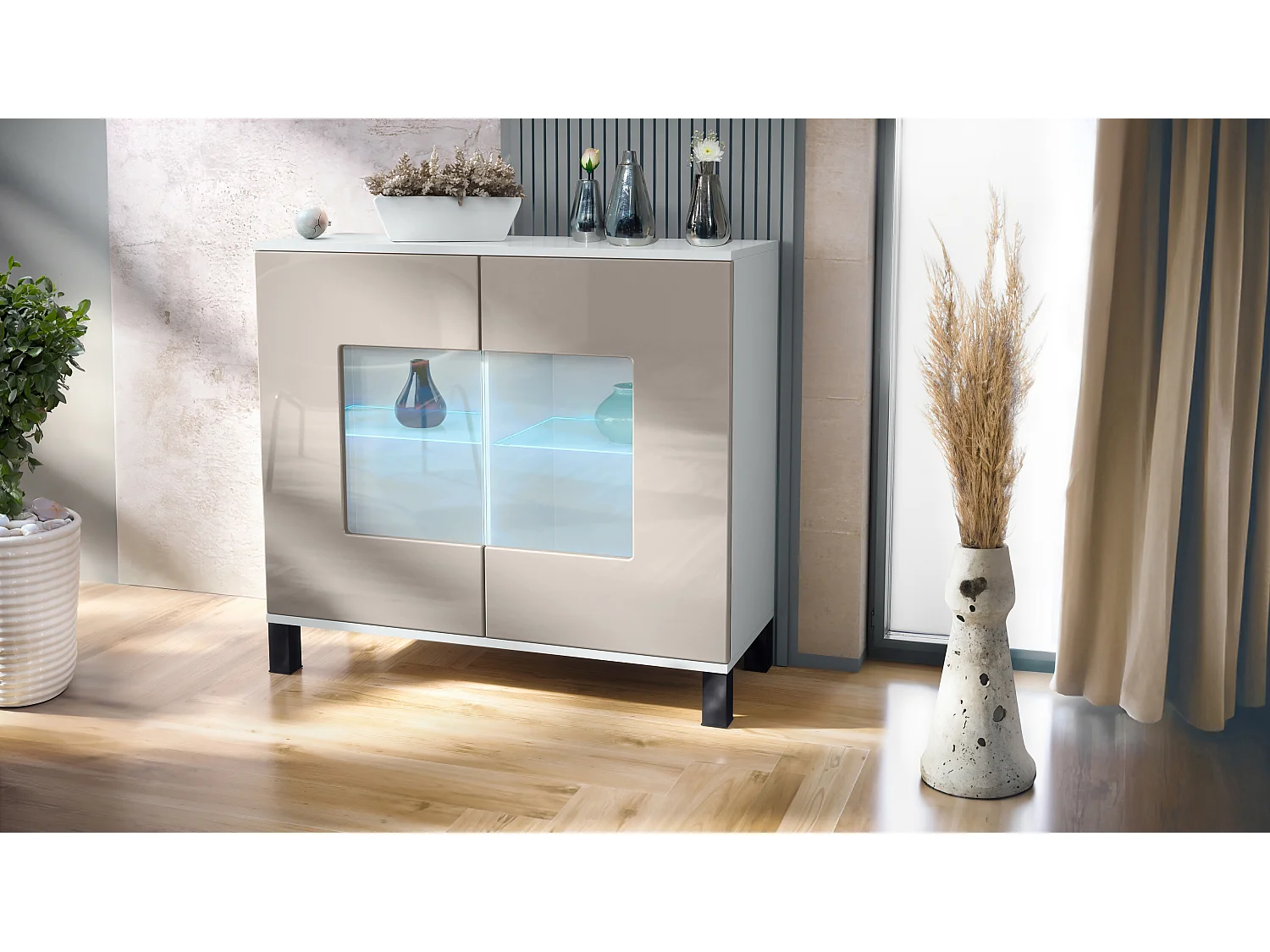 Commode Grömitz V3, Armoire de cuisine moderne avec 2 grandes portes vitrées incl. éclairage RGB blanc mat / gris sable haute brillance (92,5 x 84.5 x 35)
