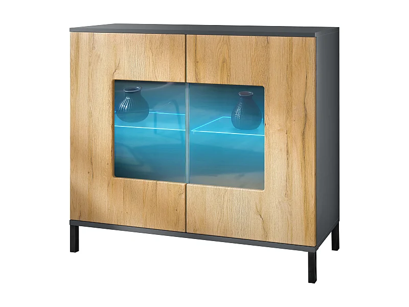 Cómoda Grömitz V3, Moderno armario de cocina con 2 grandes puertas de cristal incl. iluminación RGB antracita mate / roble natural (92,5 x 83.5 x 35)