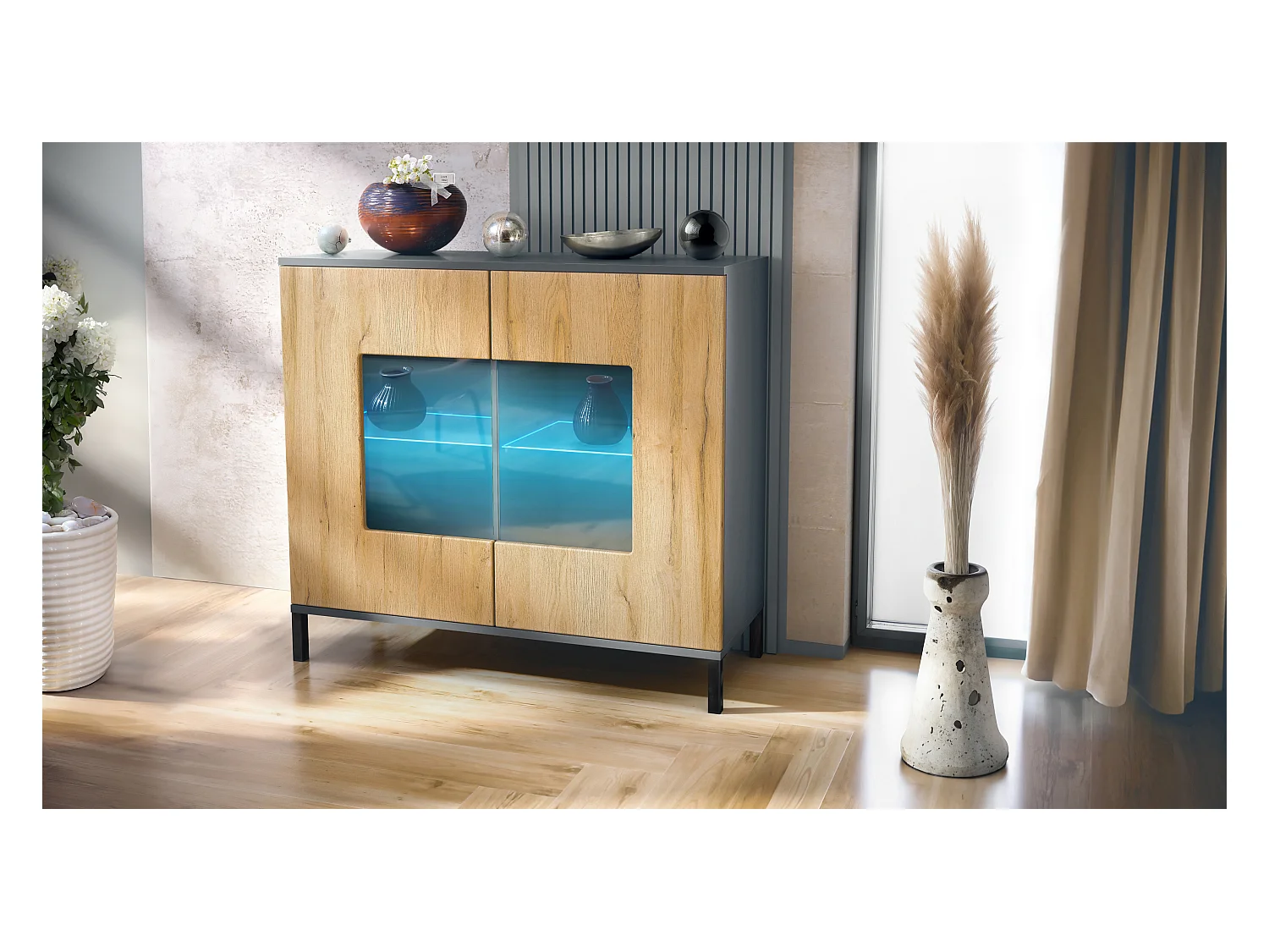 Commode Grömitz V3, Armoire de cuisine moderne avec 2 grandes portes vitrées incl. éclairage RGB anthracite mat / chêne nature (92,5 x 83.5 x 35)