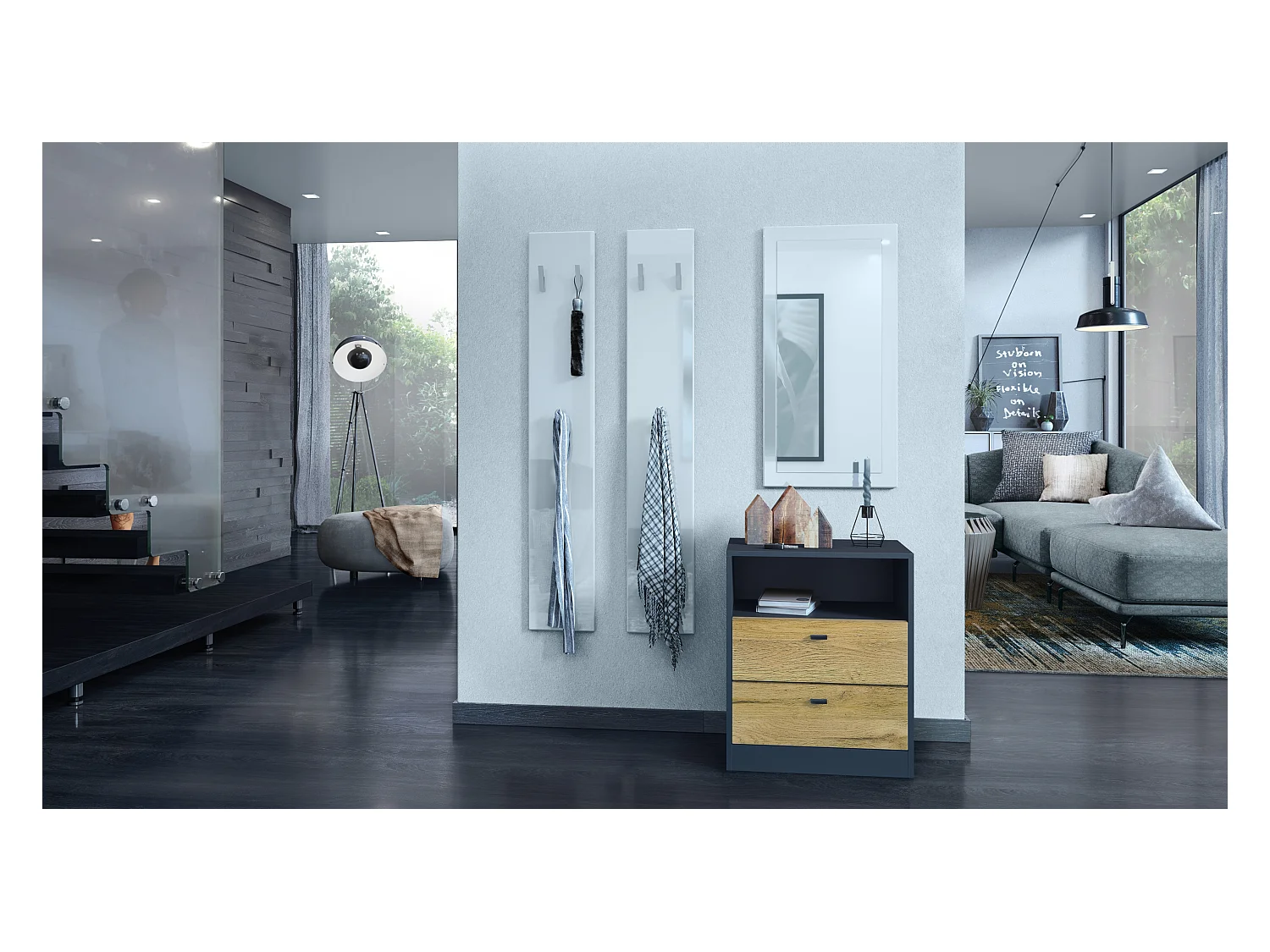 Buffet Pino V1, table de chevet avec 2 tiroirs & 1 compartiment ouvert, Anthracite mat/Chêne Nature sans LED (56 x 67,5 x 36 cm)