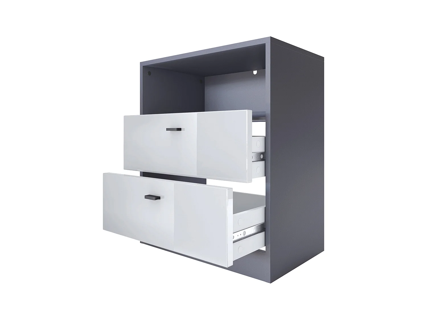 Buffet Pino V1, table de chevet avec 2 tiroirs & 1 compartiment ouvert, Anthracite mat/Chêne Nature sans LED (56 x 67,5 x 36 cm)