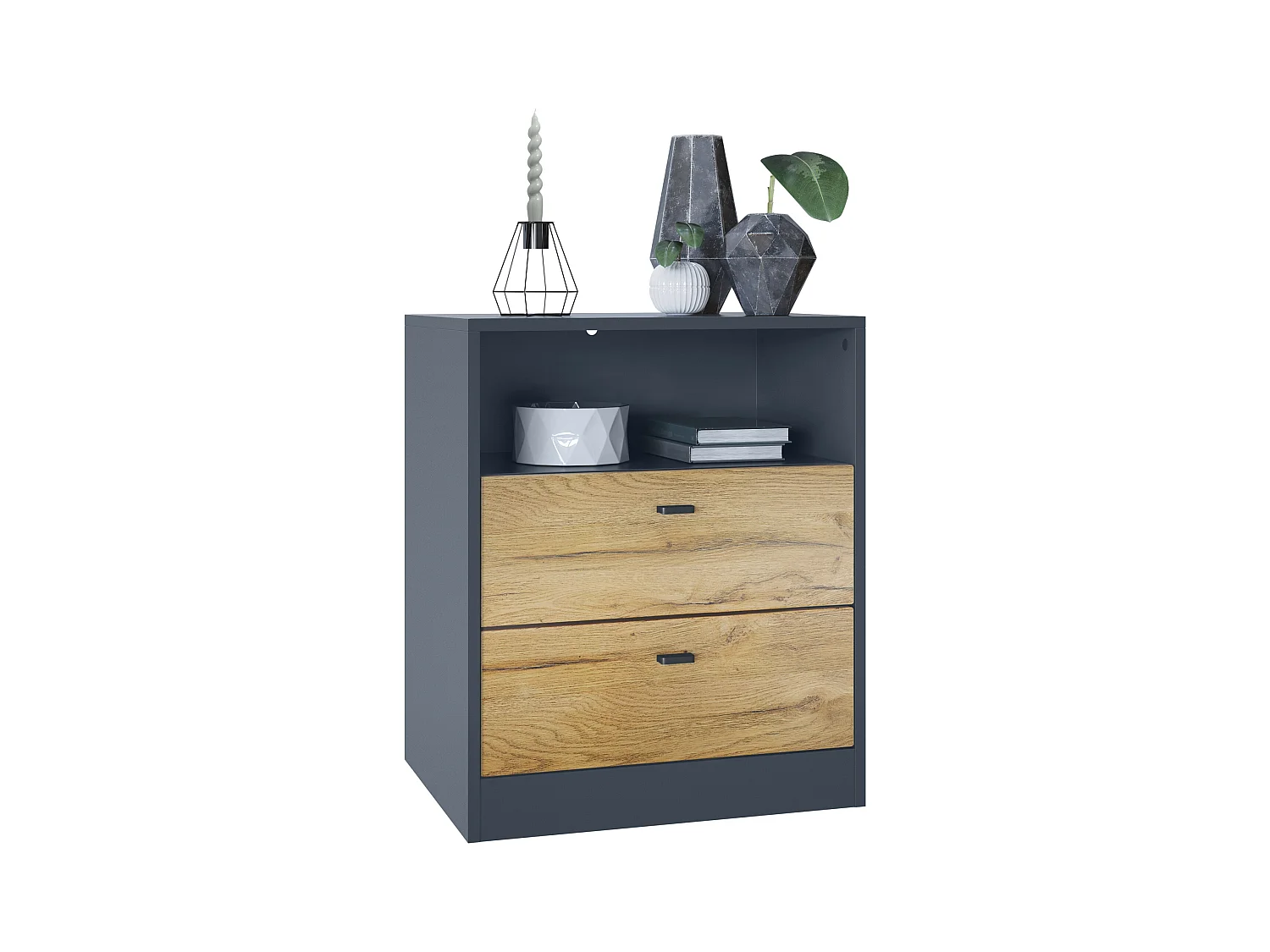 Buffet Pino V1, table de chevet avec 2 tiroirs & 1 compartiment ouvert, Anthracite mat/Chêne Nature sans LED (56 x 67,5 x 36 cm)