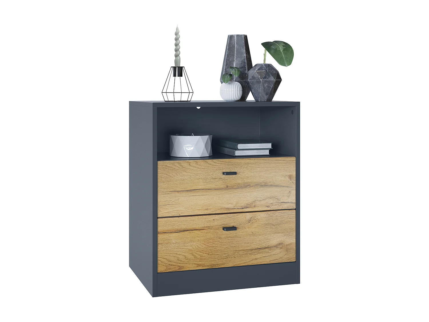 Buffet Pino V1, table de chevet avec 2 tiroirs & 1 compartiment ouvert, Anthracite mat/Chêne Nature sans LED (56 x 67,5 x 36 cm)