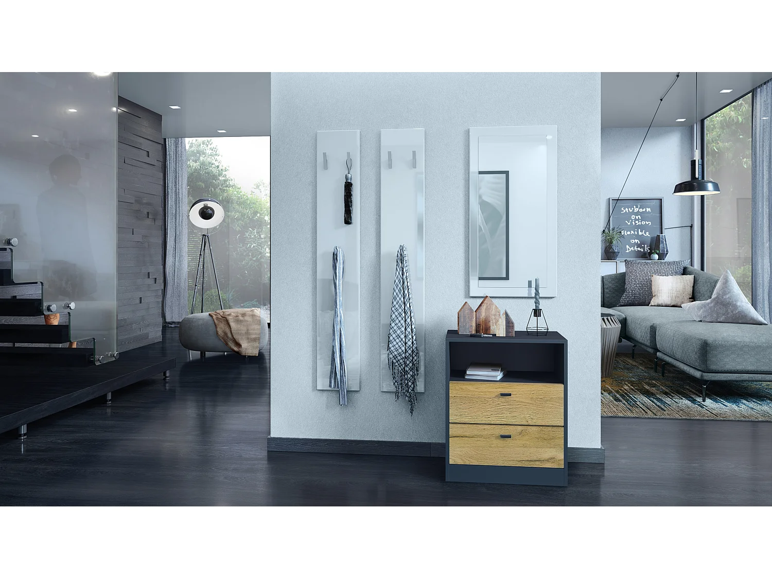 Buffet Pino V1, table de chevet avec 2 tiroirs & 1 compartiment ouvert, Anthracite mat/Chêne Nature sans LED (56 x 67,5 x 36 cm)