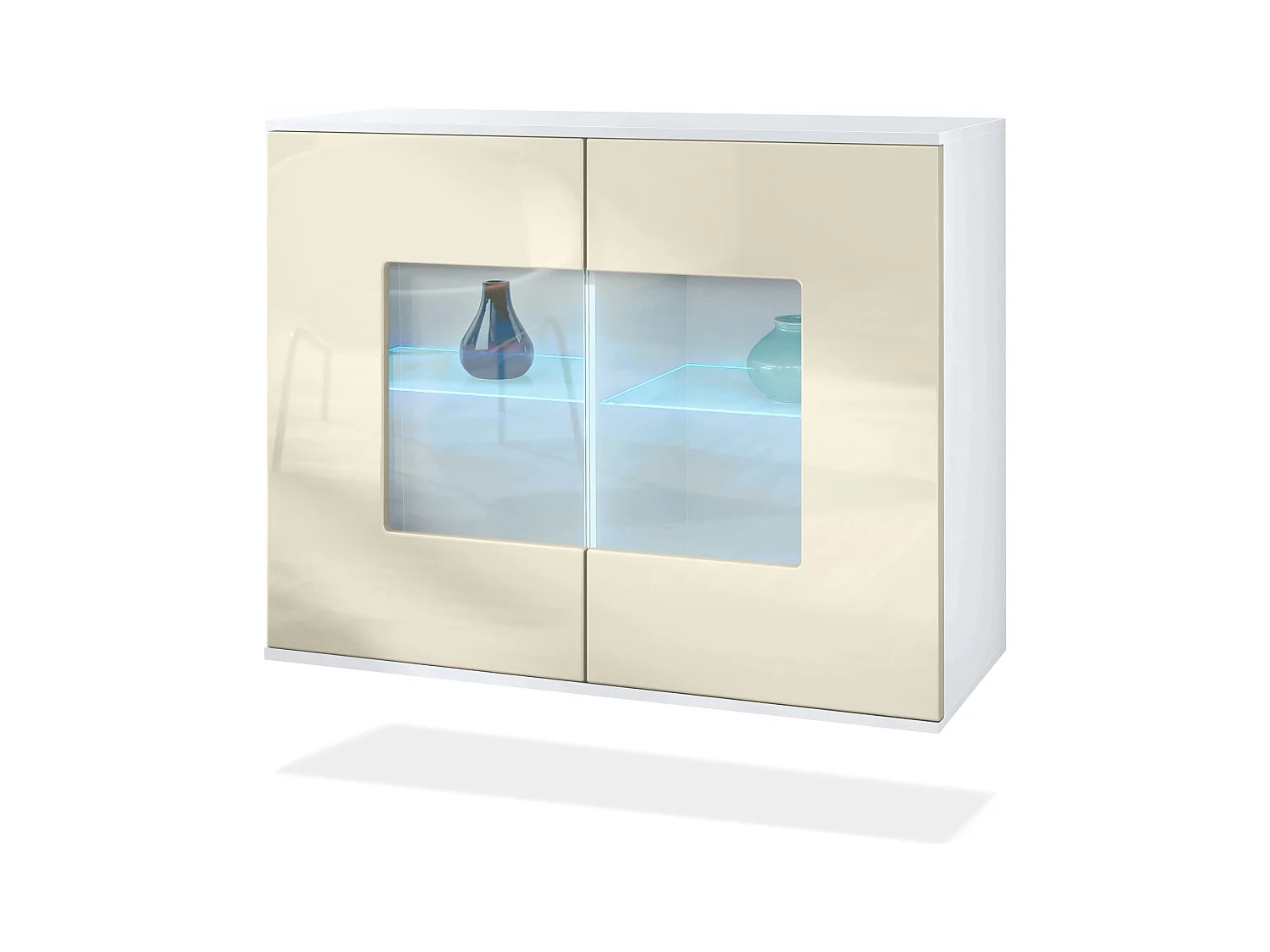 Commode Grömitz V3, Armoire de cuisine moderne avec 2 grandes portes vitrées incl. éclairage RGB blanc mat / crème haute brillance (92,5 x 73.5 x 35)