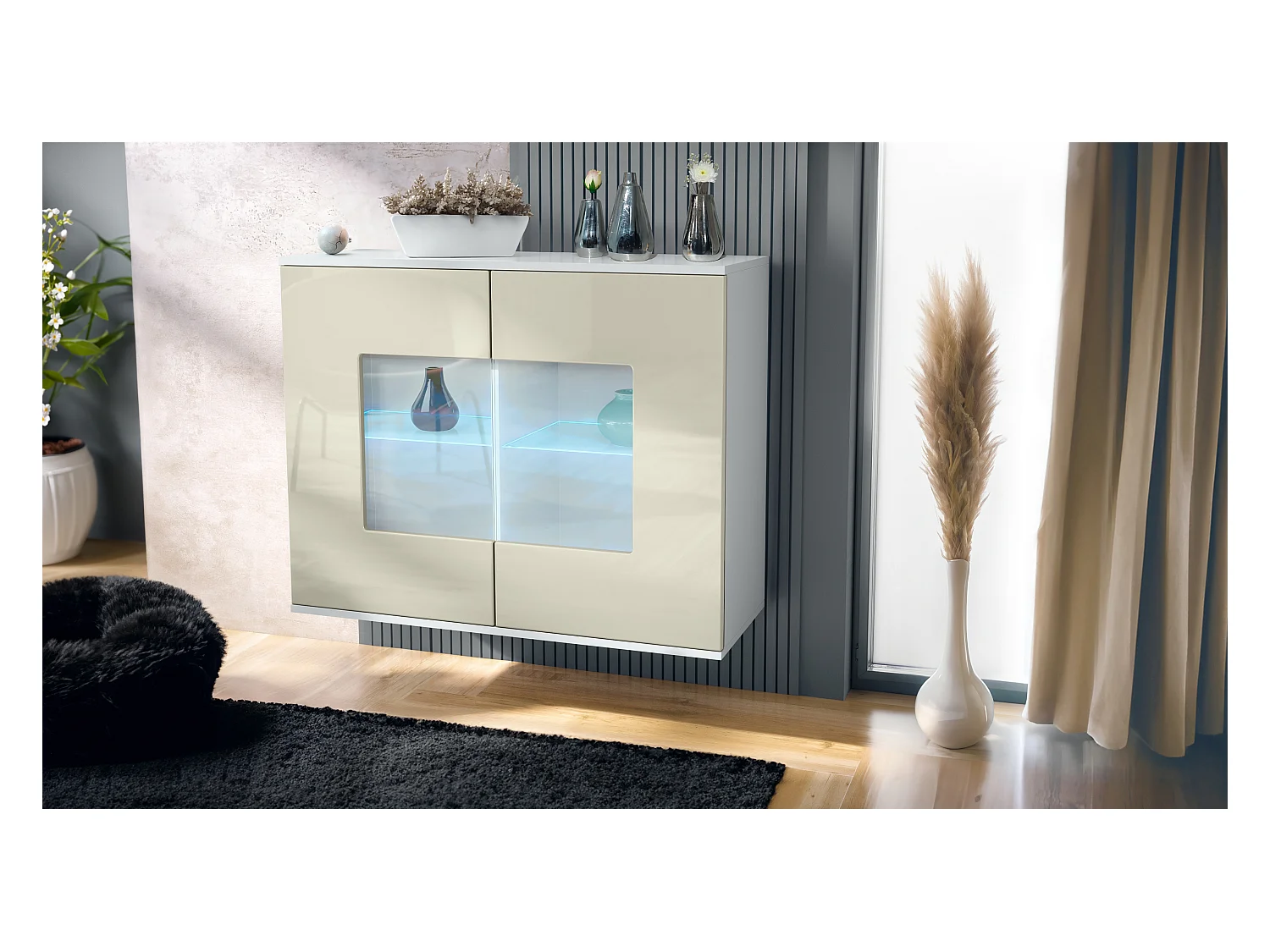 Commode Grömitz V3, Armoire de cuisine moderne avec 2 grandes portes vitrées incl. éclairage RGB blanc mat / crème haute brillance (92,5 x 73.5 x 35)