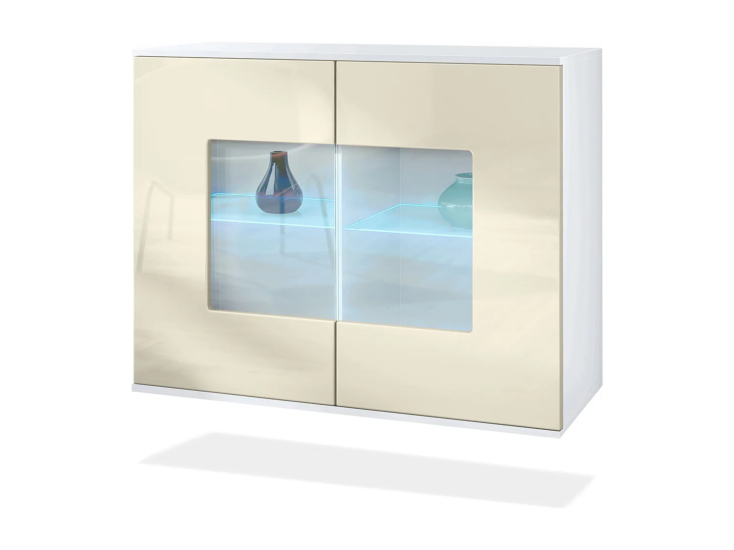 Cómoda Grömitz V3, Moderno armario de cocina con 2 grandes puertas de cristal incl. iluminación RGB blanco mate / crema de alto brillo (92,5 x 73.5 x 35)