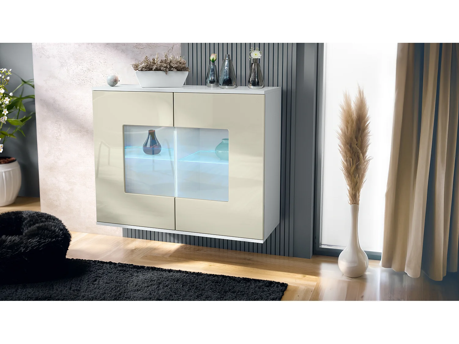 Cómoda Grömitz V3, Moderno armario de cocina con 2 grandes puertas de cristal incl. iluminación RGB blanco mate / crema de alto brillo (92,5 x 73.5 x 35)