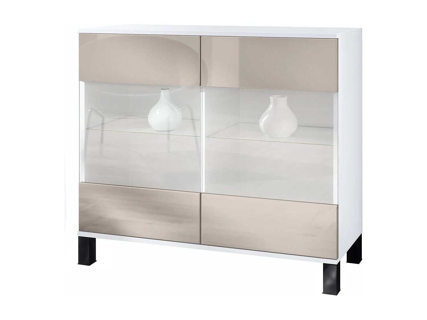 Cómoda Bari V3, Moderno armario de cocina con 2 grandes puertas de cristal blanco mate / gris arena de alto brillo (92,5 x 84.5 x 35)