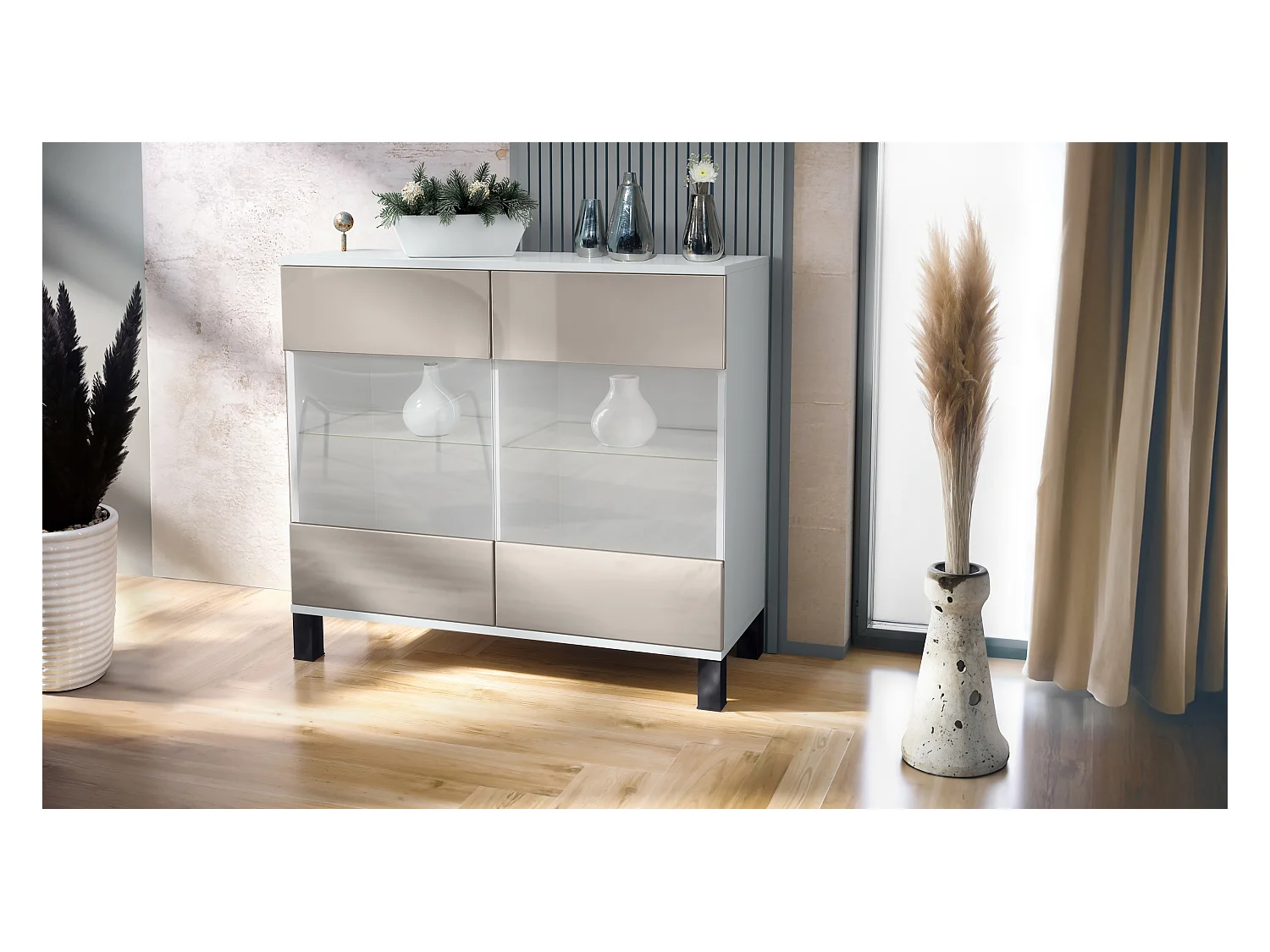 Cómoda Bari V3, Moderno armario de cocina con 2 grandes puertas de cristal blanco mate / gris arena de alto brillo (92,5 x 84.5 x 35)