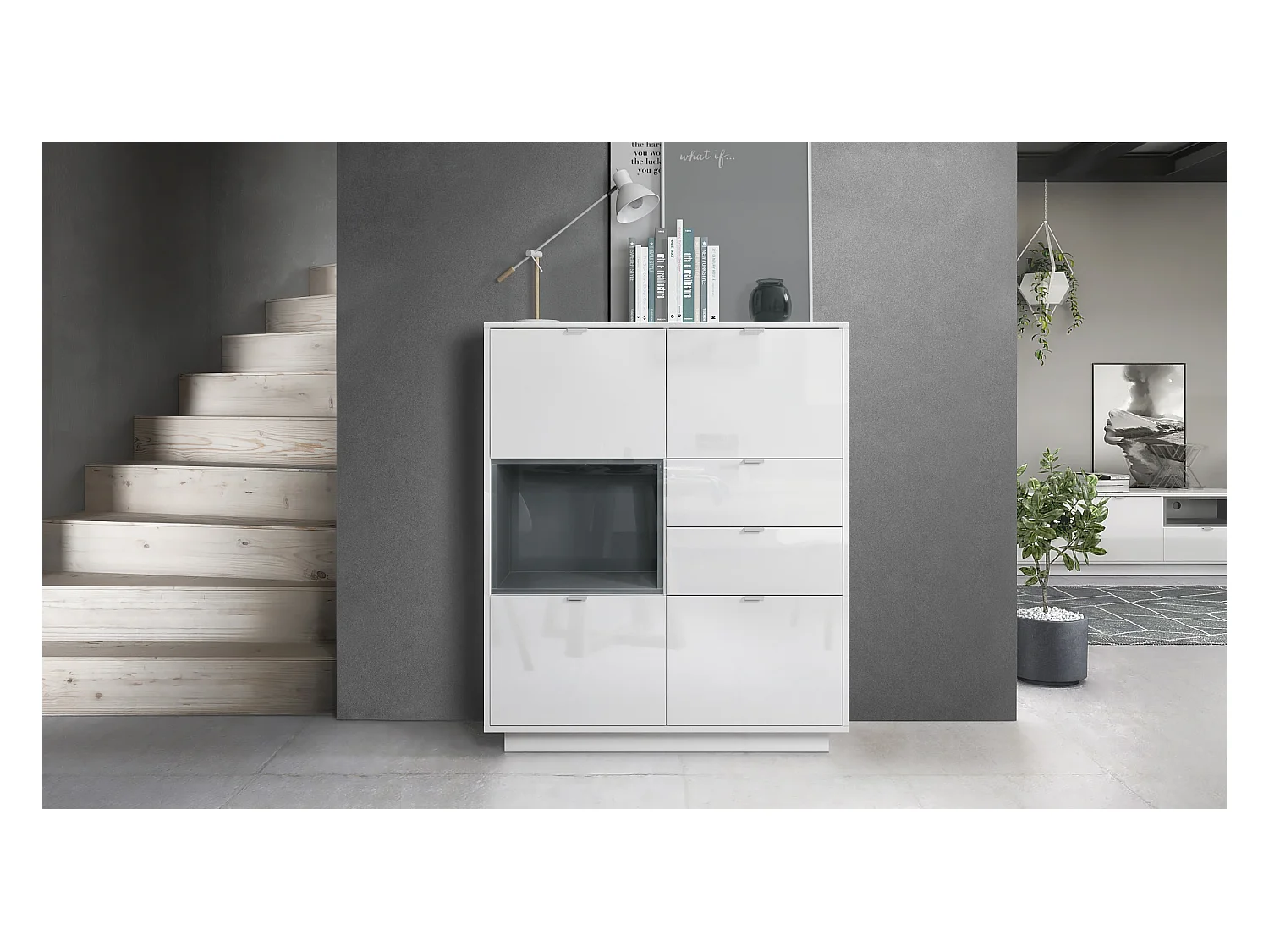 Buffet haut Armoire Metro, Corps en Blanc haute brillance / Façades en Blanc haute brillance avec une insertion en Gris haute brillance, incl. L'éclairage LED