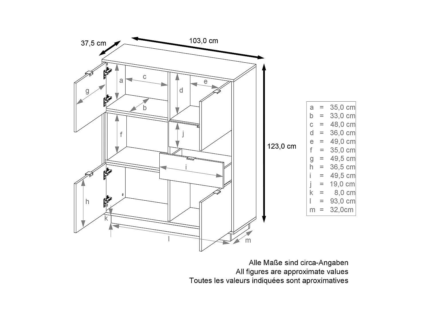 Buffet haut Armoire Metro, Corps en Blanc haute brillance / Façades en Blanc haute brillance avec une insertion en Gris haute brillance, incl. L'éclairage LED