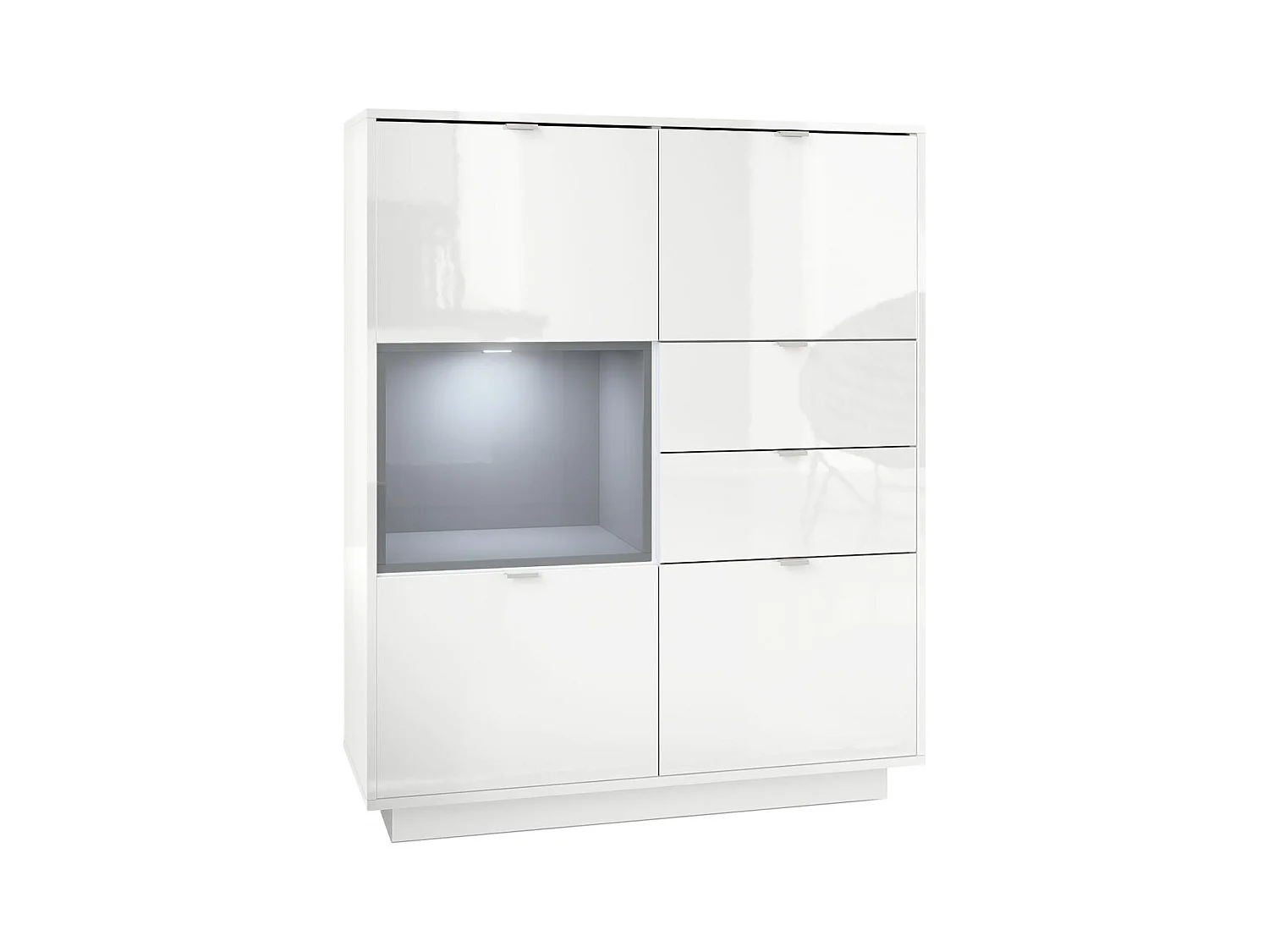 Buffet haut Armoire Metro, Corps en Blanc haute brillance / Façades en Blanc haute brillance avec une insertion en Gris haute brillance, incl. L'éclairage LED