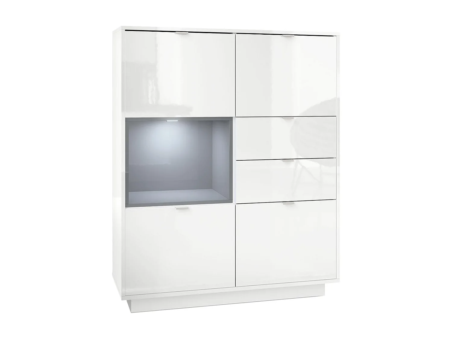 Madia Metro, struttura in bianco lucido / frontale in bianco lucido con inserto in grigio lucido, illuminazione a LED inclusa.