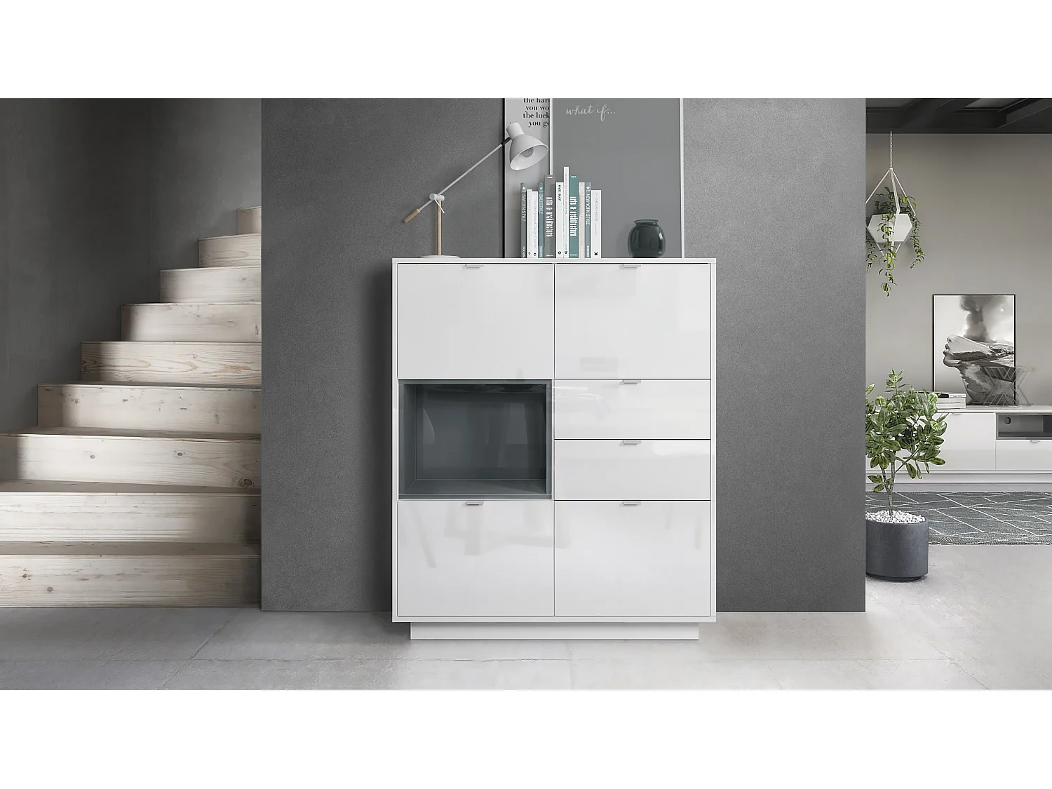 Madia Metro, struttura in bianco lucido / frontale in bianco lucido con inserto in grigio lucido, illuminazione a LED inclusa.