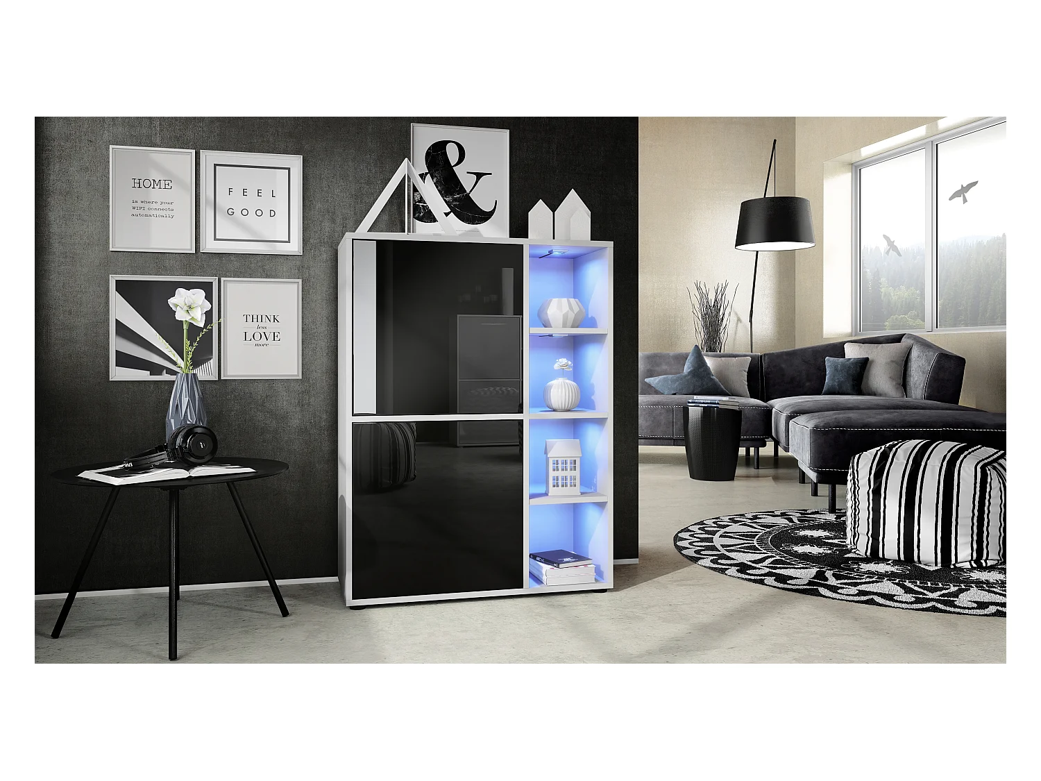 Buffet haut Cuba avec 8 compartiments, caisson en blanc mat / Façades en Noir laqué haute brillance avec éclairage LED RGB