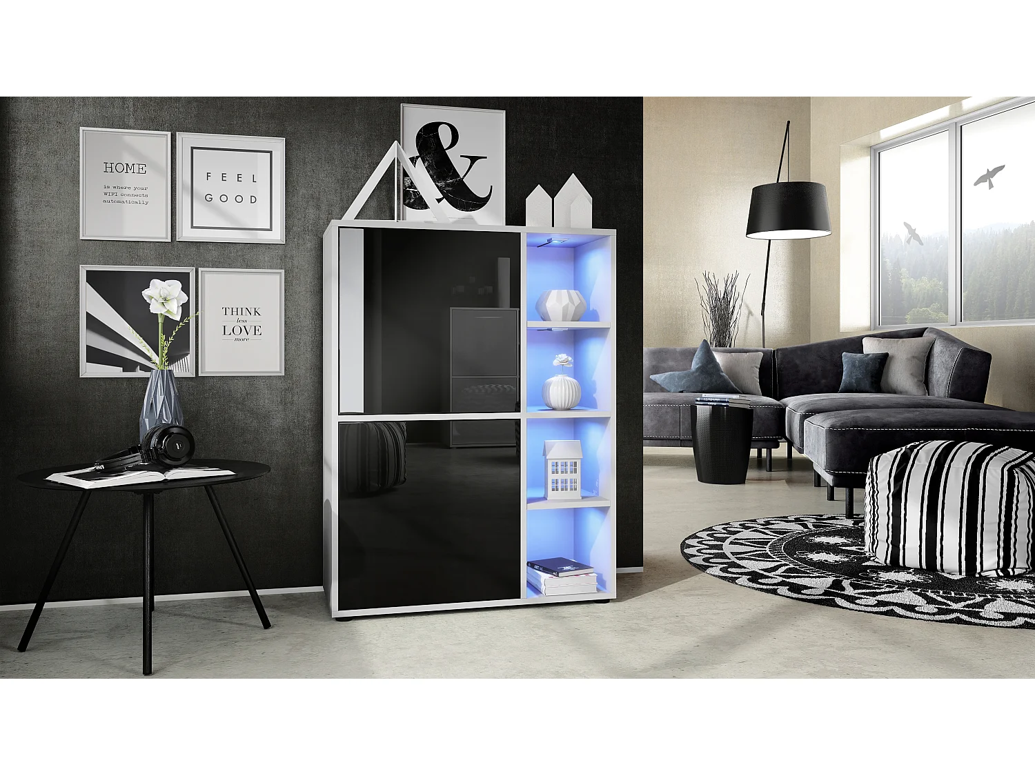 Credenza  Cuba 79 x 105,5 x 35,5 cm Credenza con 8 ripiani, struttura in bianco opaco / ante in nero lucido con illuminazione LED RGB