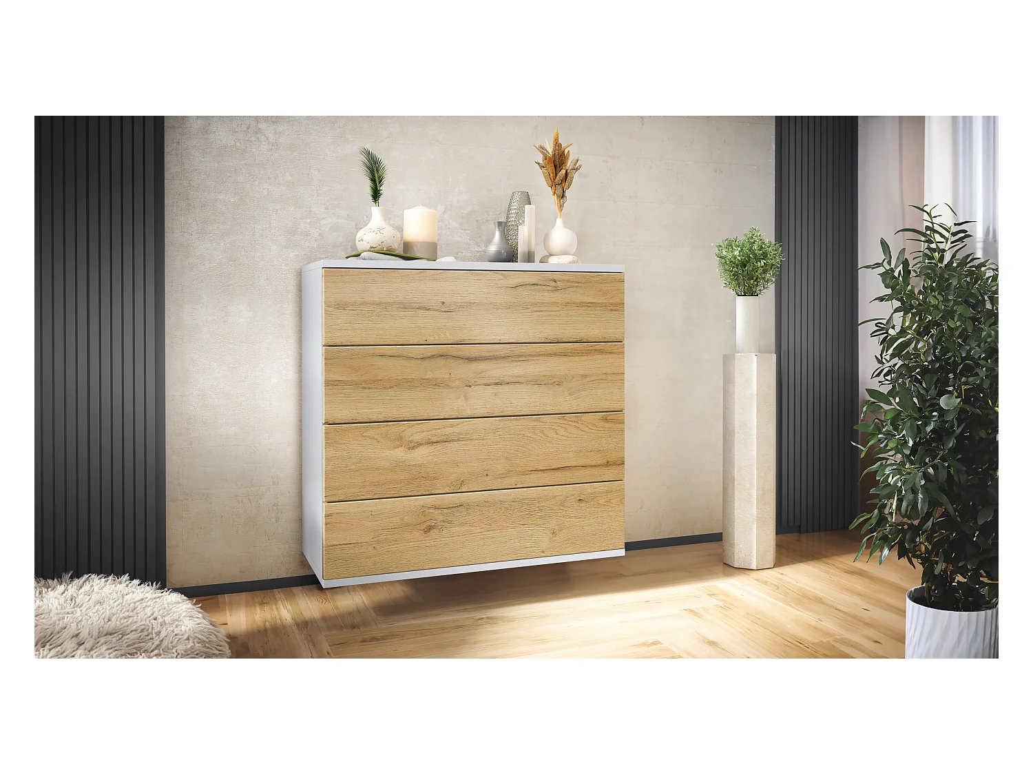 Commode suspendue Pavos V3, Buffet avec 4 tiroirs blanc mat/chêne nature (76 x 76 x 35 cm)