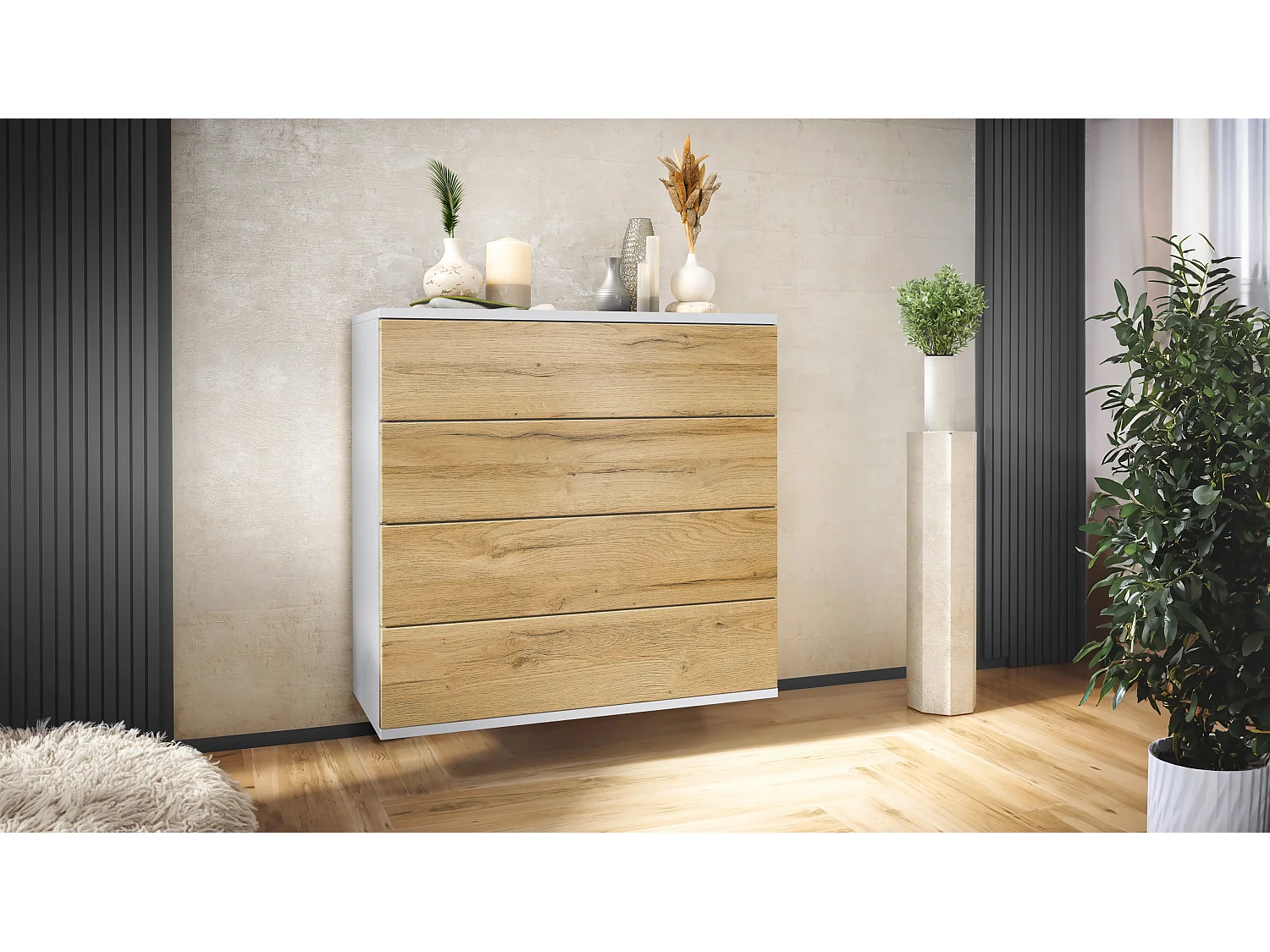Cassettiera sospesa Pavos V3, Credenza con 4 cassetti bianco opaco/rovere naturale (76 x 76 x 35 cm)