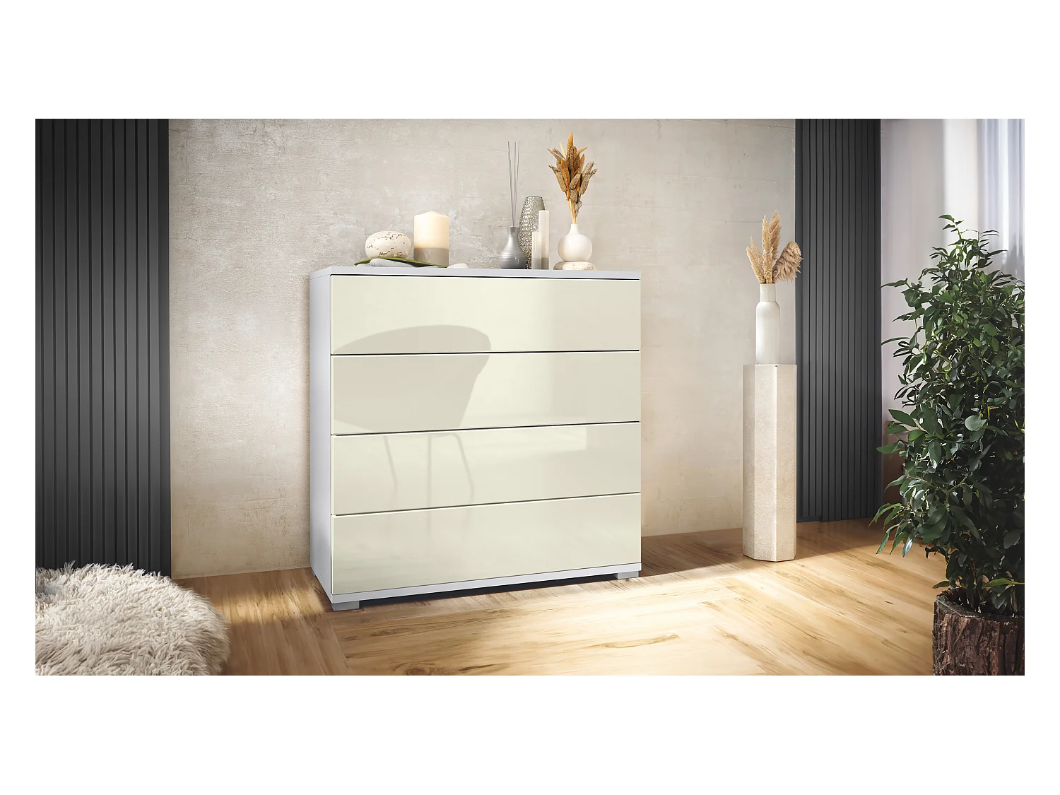 Commode  Pavos V3, Buffet avec 4 tiroirs blanc mat/crème haute brillance (76 x 76 x 35 cm)