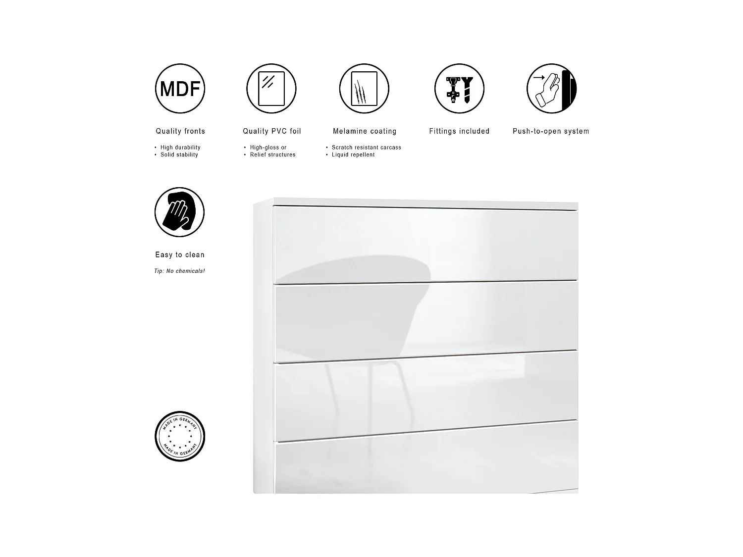 Commode  Pavos V3, Buffet avec 4 tiroirs blanc mat/crème haute brillance (76 x 76 x 35 cm)