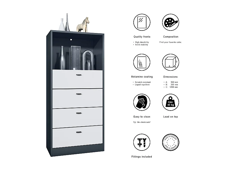 Commode Buffet Pino V3, avec 4 tiroirs & 1 compartiment ouvert, Anthracite mat/Blanc mat avec éclairage LED RVB (56 x 125 x 36 cm)