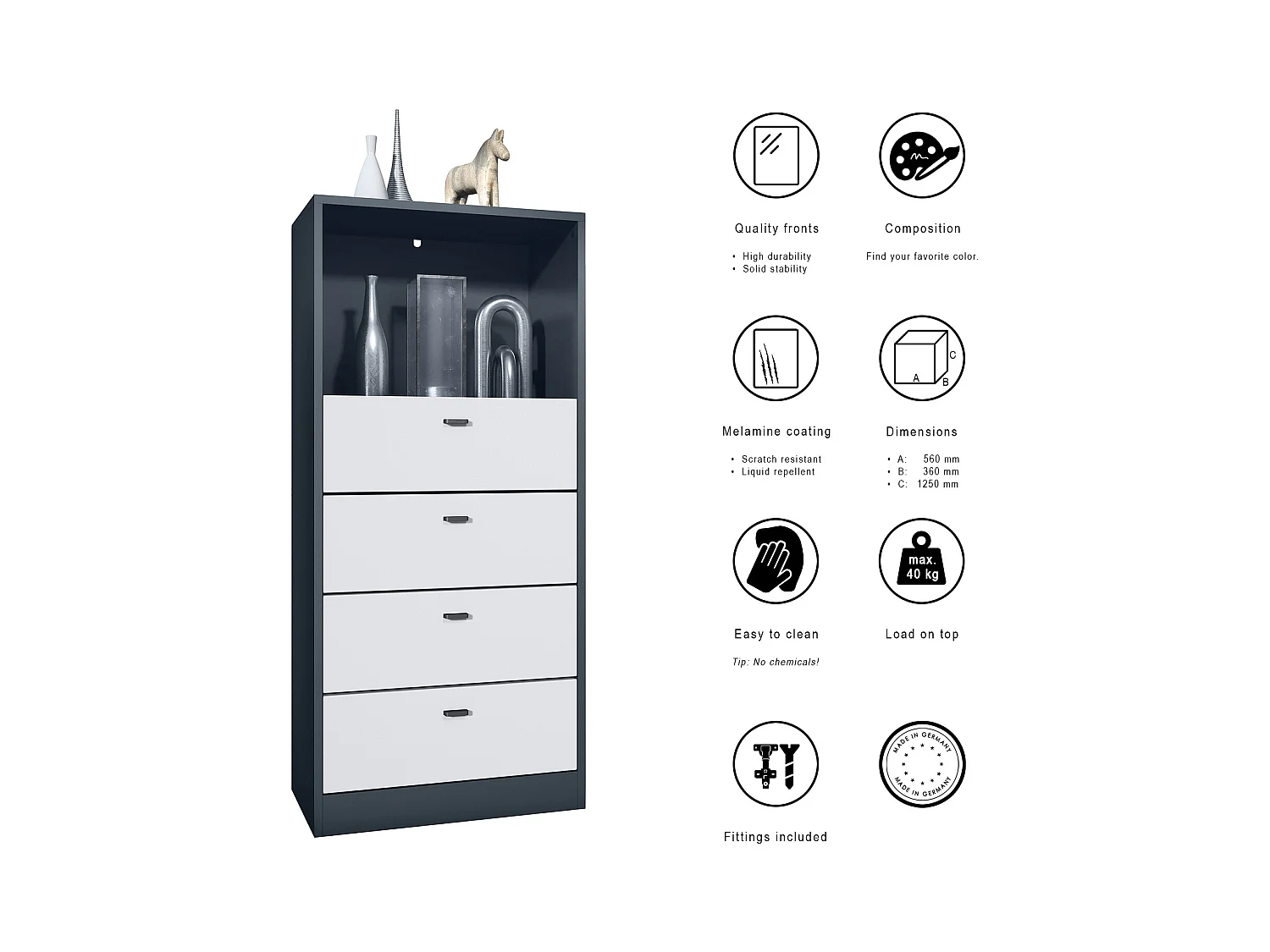 Commode Buffet Pino V3, avec 4 tiroirs & 1 compartiment ouvert, Anthracite mat/Blanc mat avec éclairage LED RVB (56 x 125 x 36 cm)
