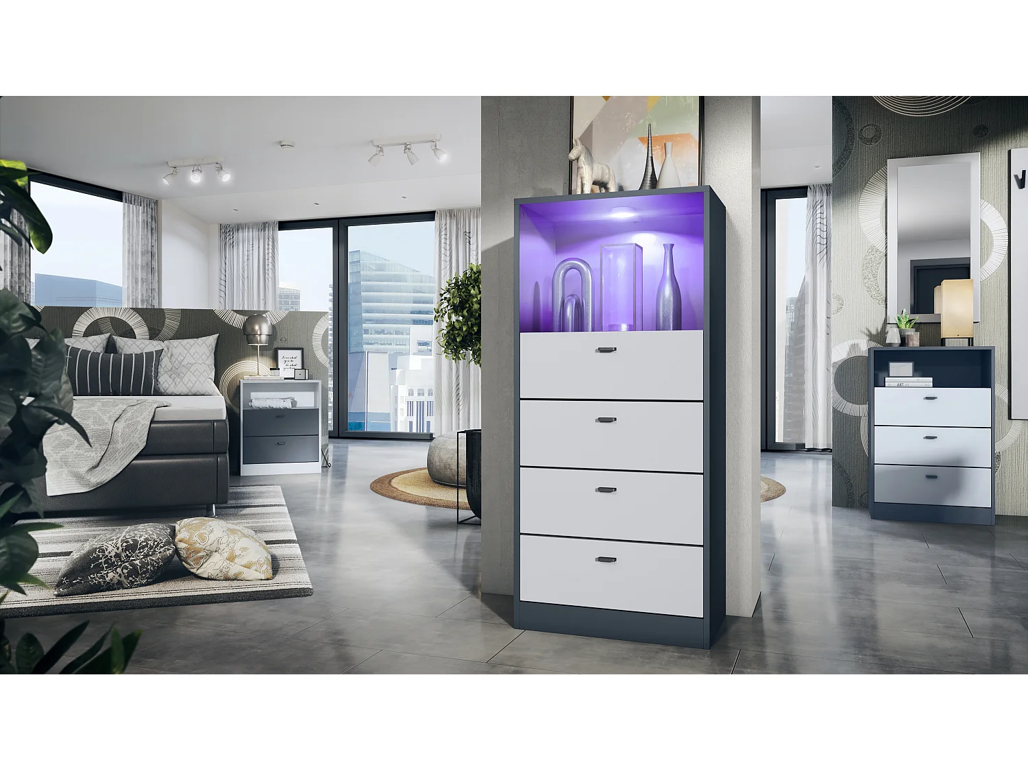 Cassettiera Pino V3, Credenza con 4 cassetti e 1 vano a giorno, antracite/bianco opaco con LED RGB (56 x 125 x 36 cm)