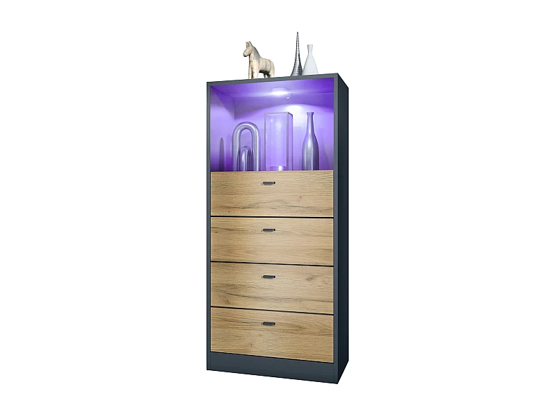 Cassettiera Pino V3, Credenza con 4 cassetti e 1 vano a giorno, antracite/quercia naturale con LED RGB (56 x 125 x 36 cm)