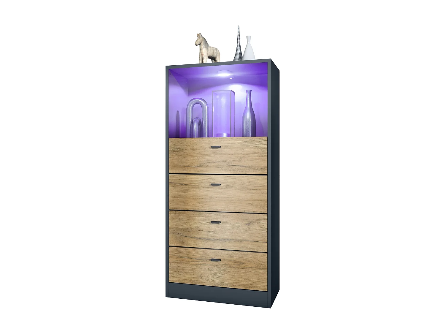 Commode Buffet Pino V3, avec 4 tiroirs & 1 compartiment ouvert, Anthracite mat/Chêne Nature avec éclairage LED RVB (56 x 125 x 36 cm)