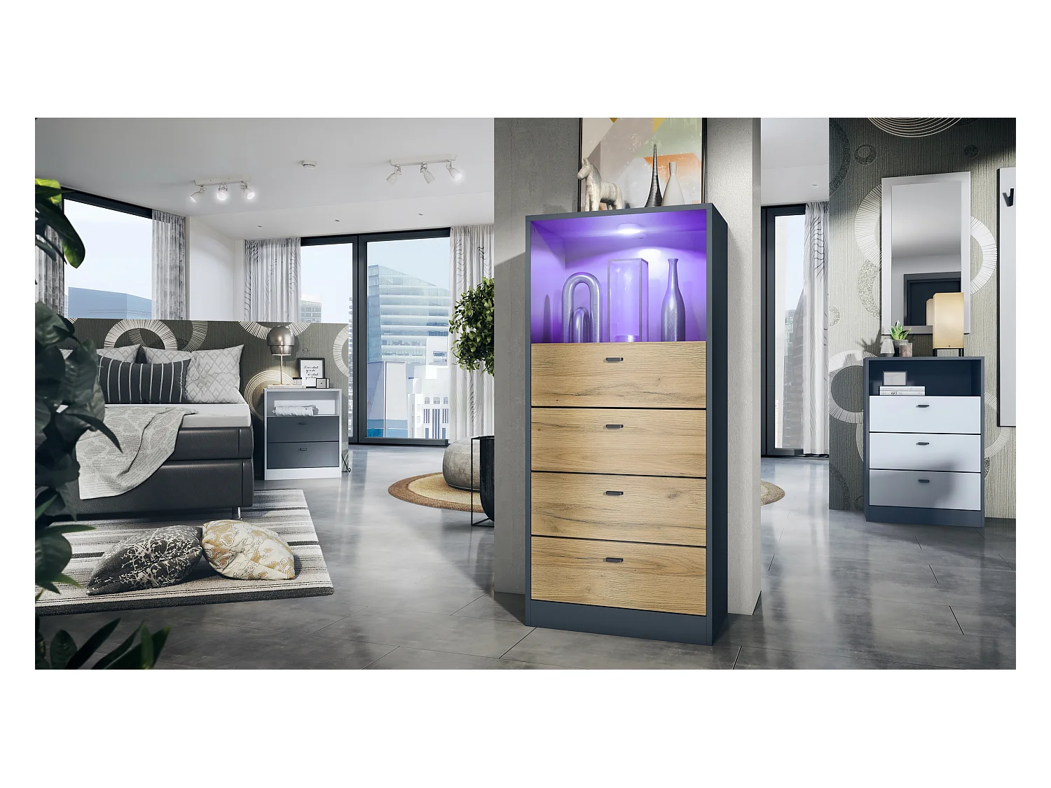 Commode Buffet Pino V3, avec 4 tiroirs & 1 compartiment ouvert, Anthracite mat/Chêne Nature avec éclairage LED RVB (56 x 125 x 36 cm)