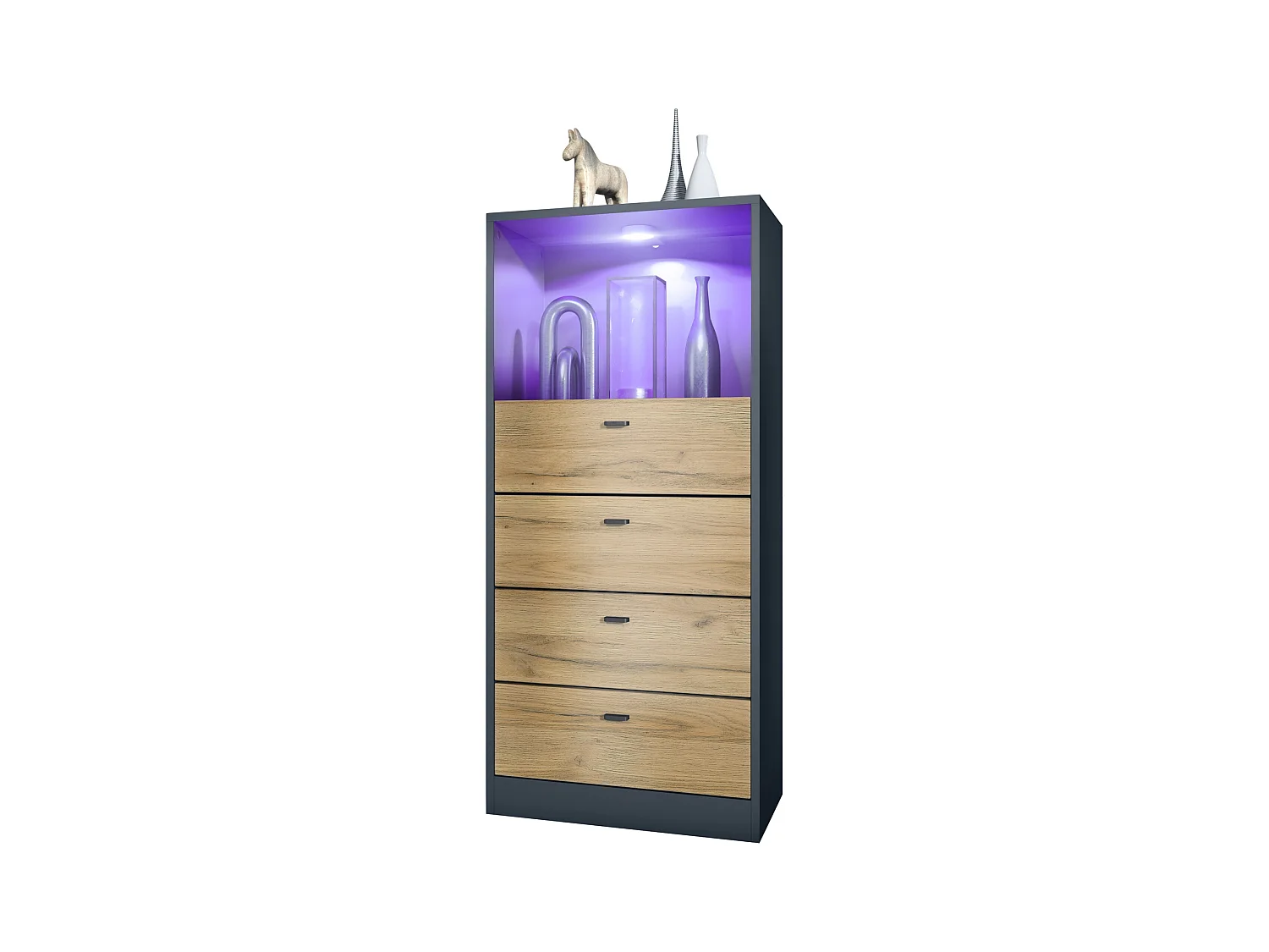 Commode Buffet Pino V3, avec 4 tiroirs & 1 compartiment ouvert, Anthracite mat/Chêne Nature avec éclairage LED RVB (56 x 125 x 36 cm)