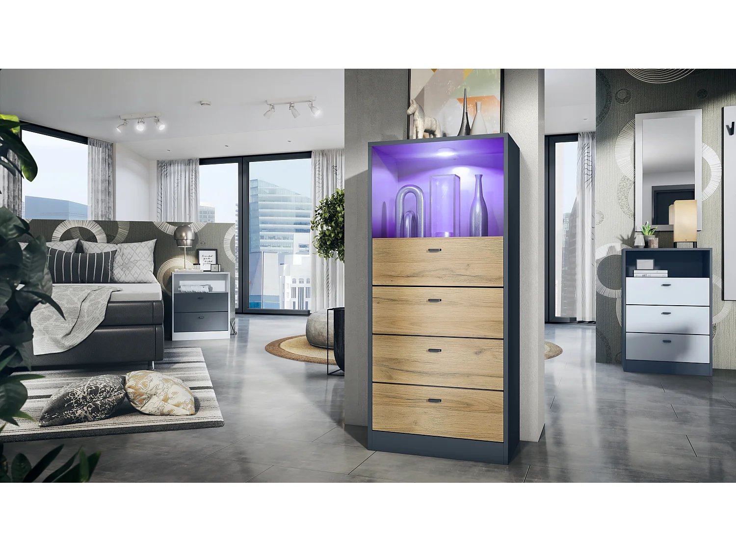 Cassettiera Pino V3, Credenza con 4 cassetti e 1 vano a giorno, antracite/quercia naturale con LED RGB (56 x 125 x 36 cm)