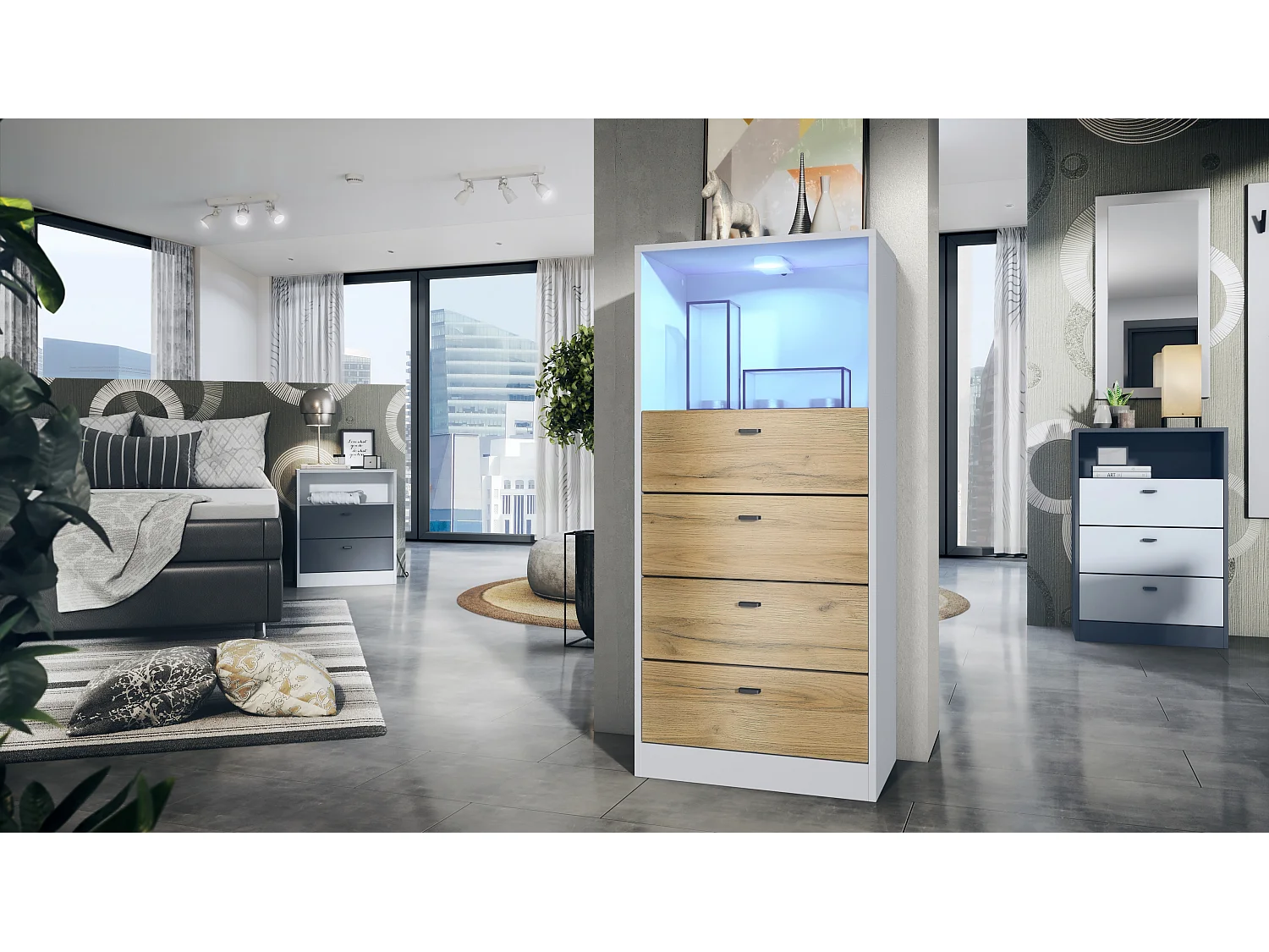 Cassettiera Pino V3, Credenza con 4 cassetti e 1 vano a giorno, bianco opaco/quercia naturale con LED RGB (56 x 125 x 36 cm)