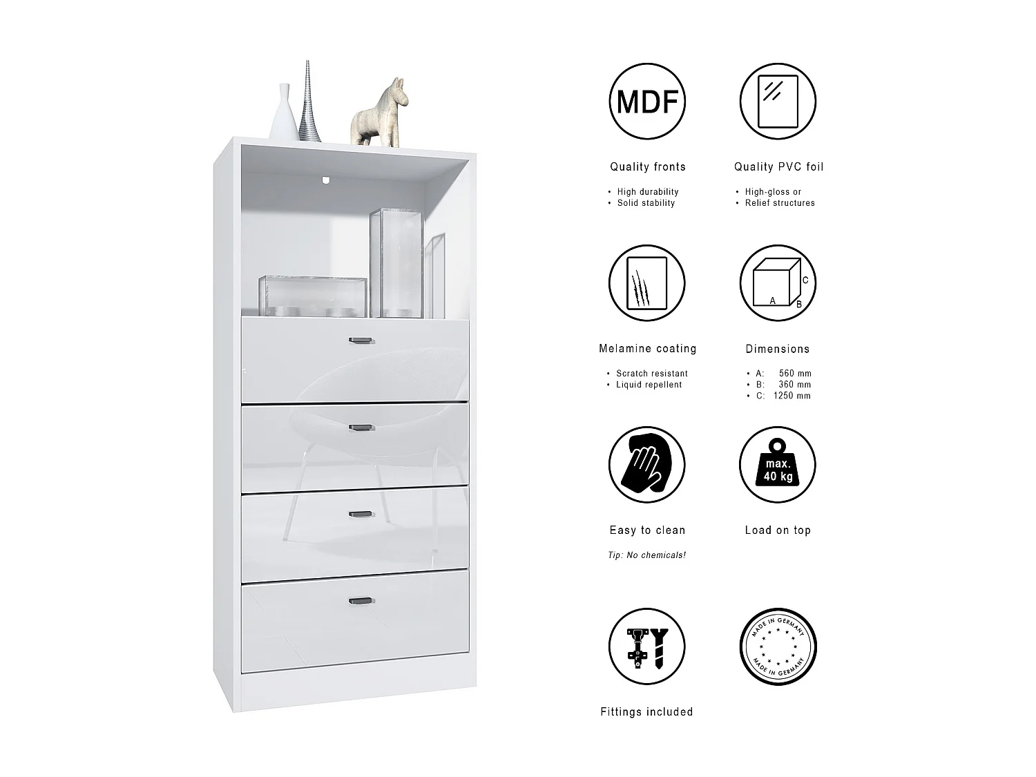 Cassettiera Pino V3, Credenza con 4 cassetti e 1 vano a giorno, bianco opaco/quercia naturale con LED RGB (56 x 125 x 36 cm)